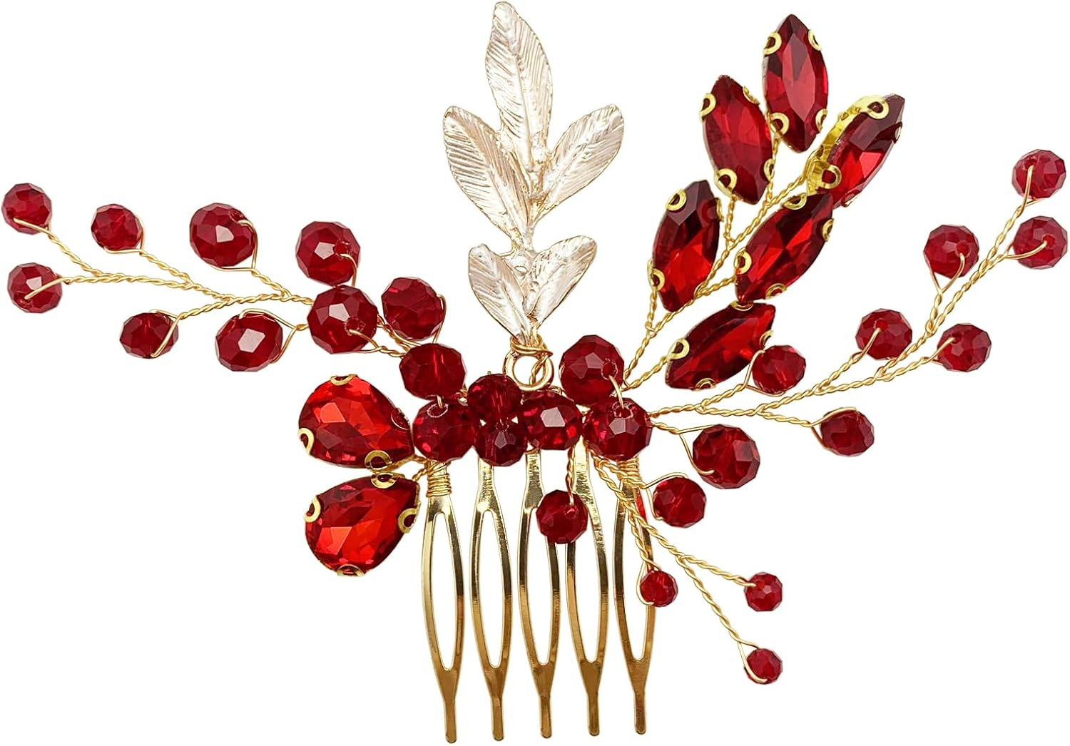 BETITETO Crystal Bridal Hair Comb Wedding Gold Vine Leaf Rhinestone Hair Piece Accessories for Women Girls (Red) - Green,Red image number 2
