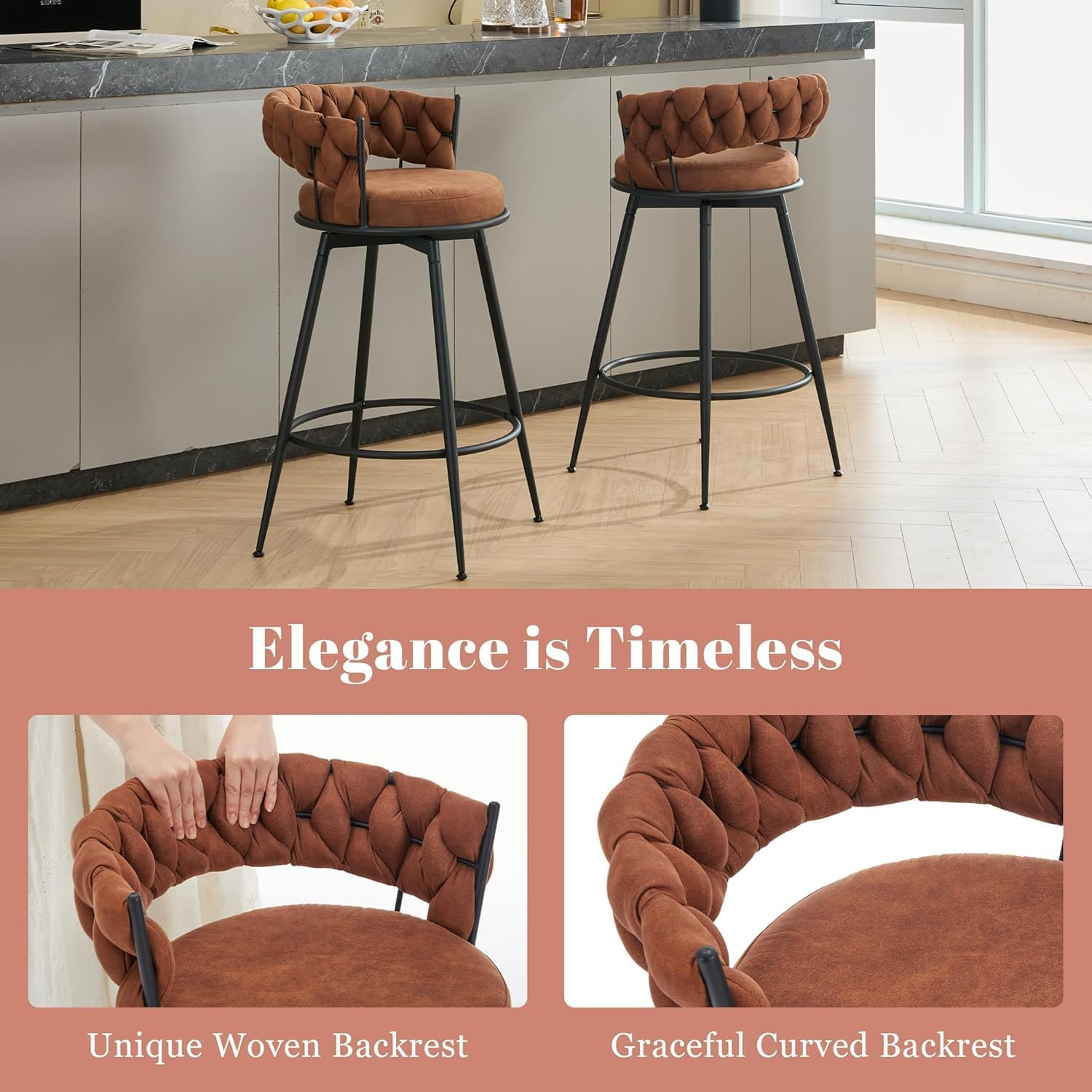 Bar Stools Set of 2, 71Cm Counter Height Swivel Stools with Woven Back & Suede Fabric Seat, 360&deg; Swivel Metal Frame Stools with Footrest for Kitchen Island, Cafe, Pub, Bar, Brown image number 2