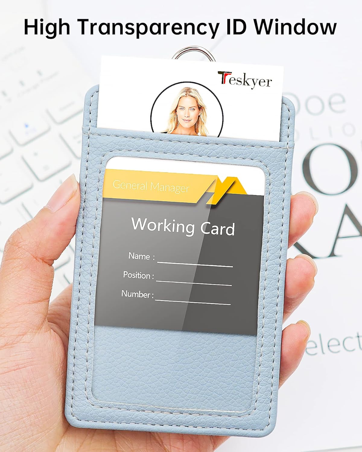 Teskyer Badge Holder with Lanyard, Leather ID Name Badge Card Holder with Lanyard for ID Badges,For Office School Work, Vertical, Lichi Cyan image number 6