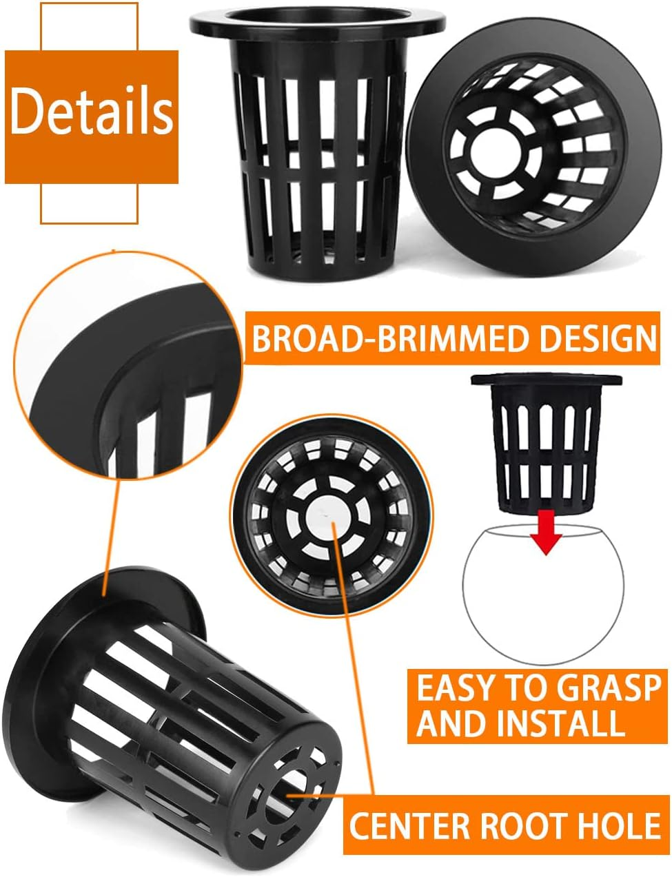 100 PCS 5CM Garden Slotted Mesh round Net Cups, 2 Inch Lightweight Economy Heavy Duty BPA Free Plastic Cups, Wide Lip Bucket Basket Pot for Hydroponics Aquaponics (Black)