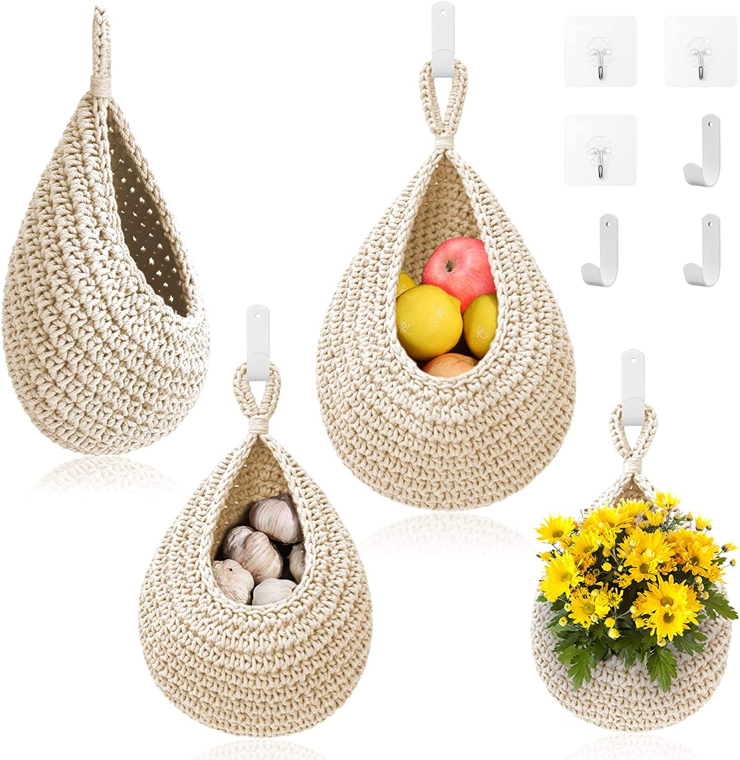 Hanging Fruit Baskets for Kitchen - 3 Pack Boho Wall Hanging Basket with 6 Pcs Strong Hooks, Handwoven Hanging Holder Teardrop Home Produce Basket for Fruits Vegetable Potato Onion Storage (White)