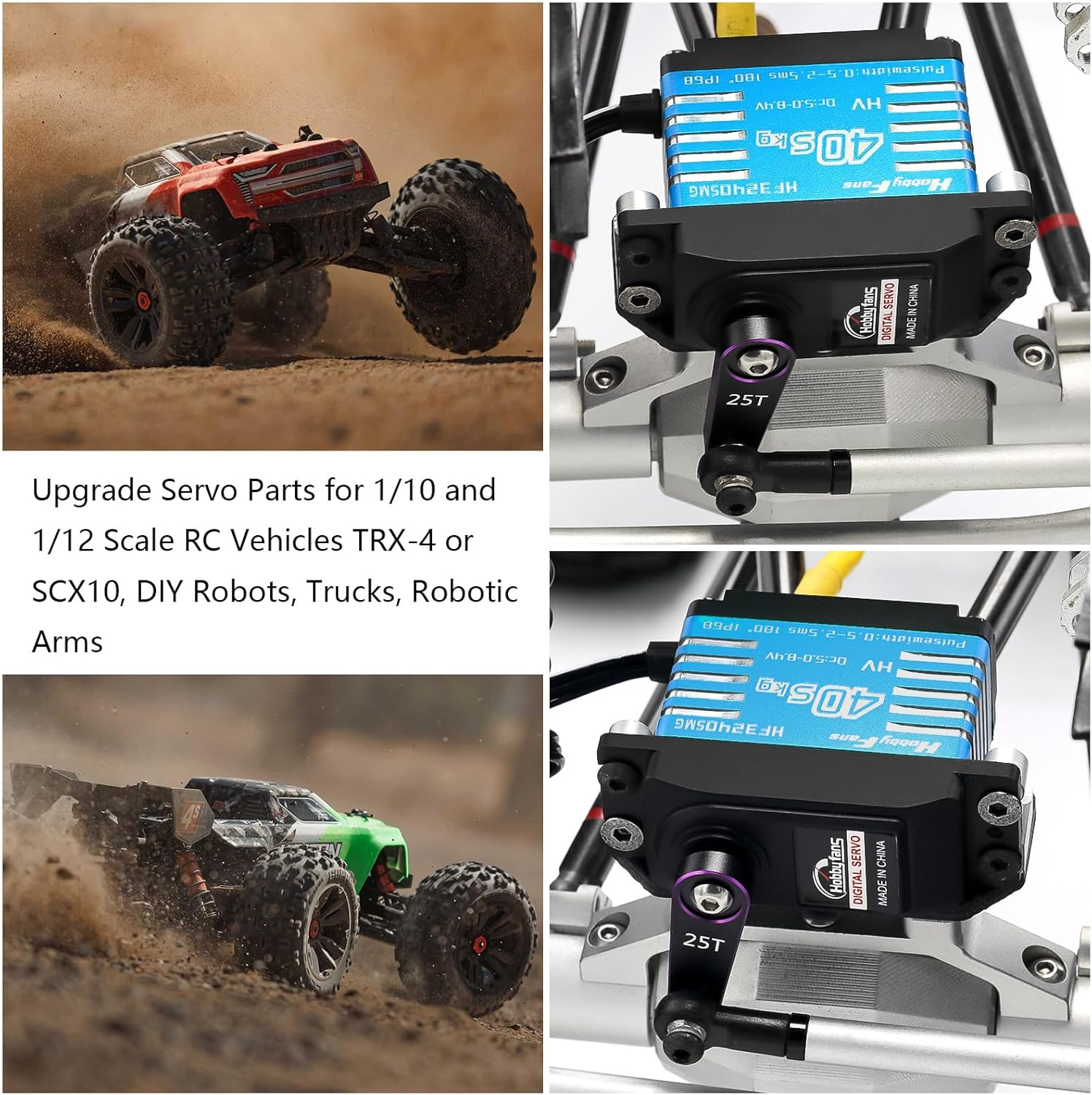 Hobby Fans RC Digital Servo, IP68 Waterproof 40KG Metal Gear Servo High Torque Servo with 25T Servo Horn for 1/12 1/10 1/8 RC Car RC Crawler Robot Boat (Blue) - Blue image number 6