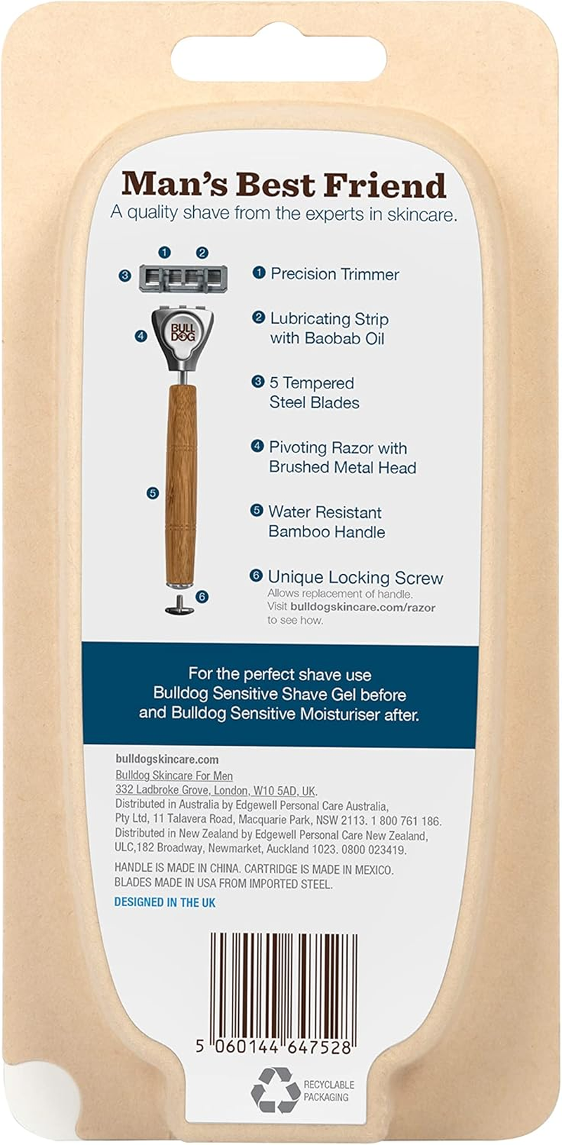 BULLDOG Skincare for Men - Sensitive Bamboo Razor | Reduce Irritation | Recycled Packaging | Lubricating Lube Strip with Baobab | 1 Bamboo Handle and 2 Replacment Blades image number 5
