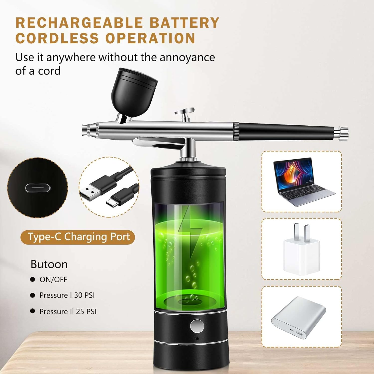 Airbrush Kit Rechargeable Compressor, 30PSI High Pressure,Portable Handheld Airbrush Gun, Airbrush Set Wireless Air Brush for Model Painting,Makeup,Barber, Nail Art, Cake Decor, Black image number 3