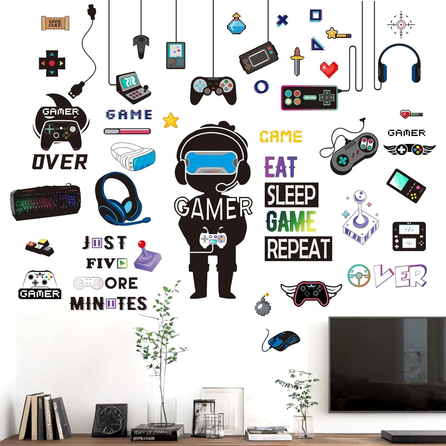 Amimagen Gamer Wall Stickers - Controller Eat Sleep Games Joystick Video Gaming Wall Decals - Boys Bedroom Playroom Baby Kids Room Wall Decor image number 4