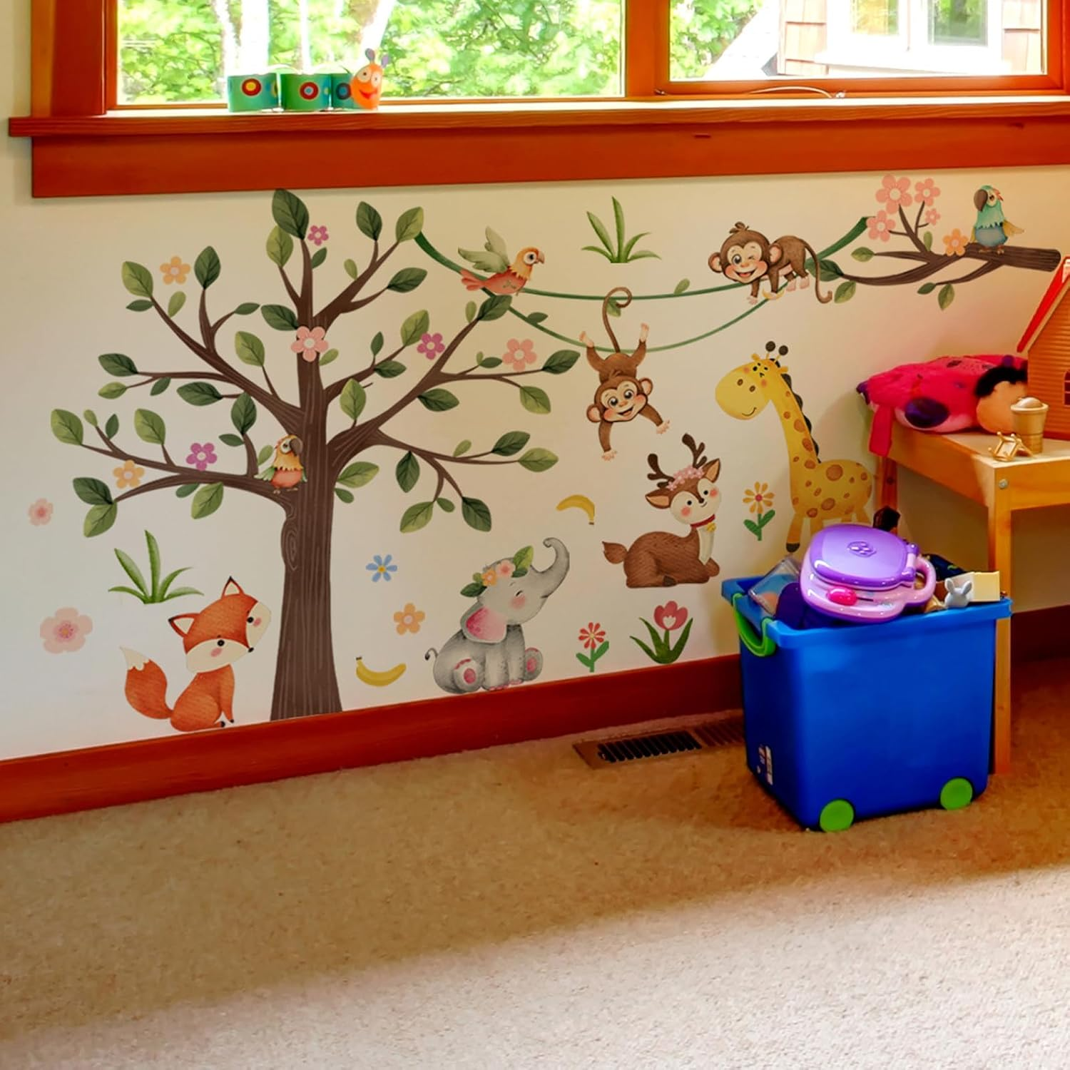 Buziba Wall Stickers Jungle Forest Animals Woodland Tree Monkey Elephant Giraffe Wall Decals Nursery Bedroom Living Room Wall Decoration image number 6