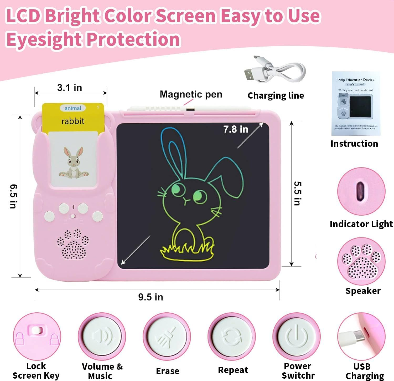 LCD Writing Tablet for Kids, 510 Sight Words Talking Flash Cards, Montessori Toys, Sensory Toys for Autistic Children, Preschool Kids Toys Age 3 4 5 Years Old Boys & Girls Xmars Birthday Gift Pink image number 3