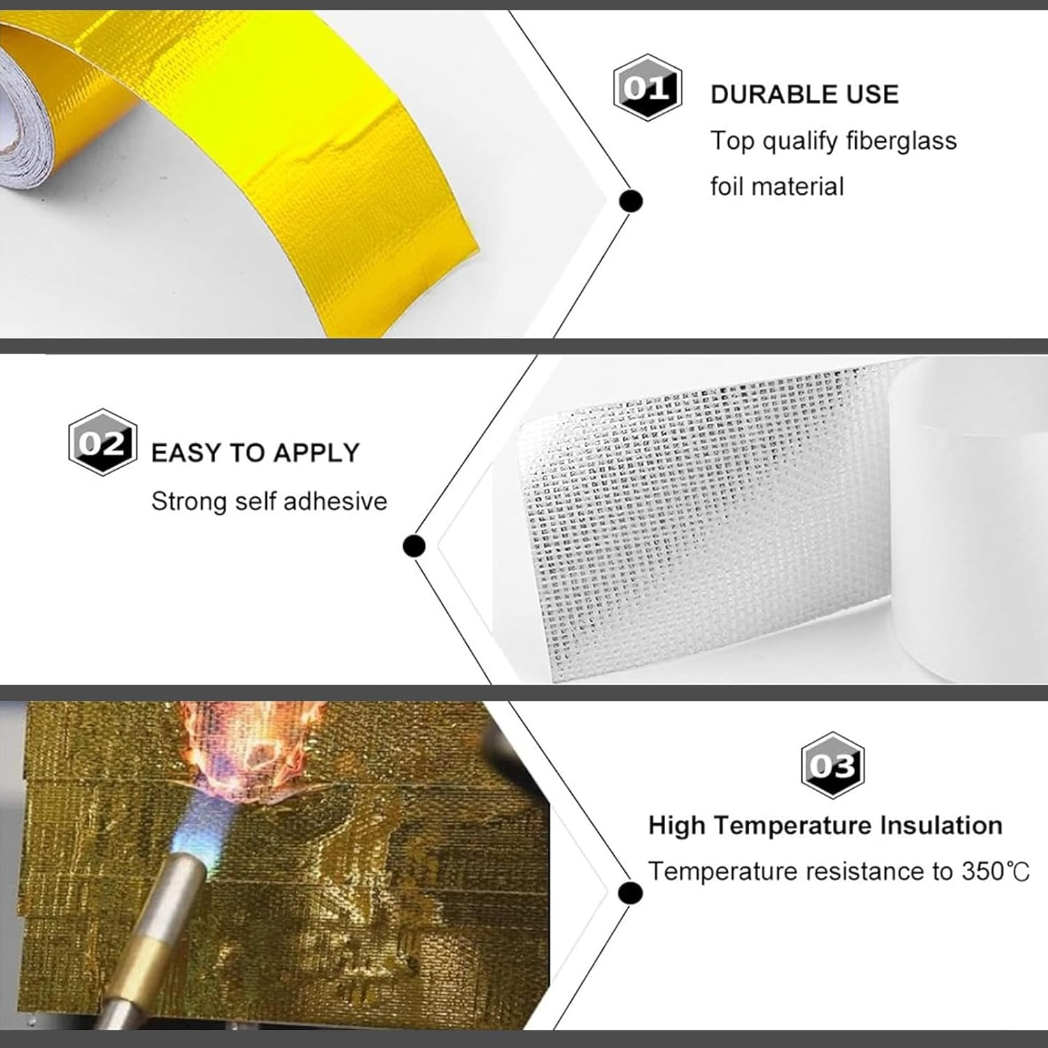 Sporacingrts 2PCS 2" X 65.6'（20M） Gold Adhesive Backed Heat Barrier Tape Glass Fiber Heat Shield Reflective Tape Wrap Roll Compatible with Car Intake Pipe Engine Bay Etc image number 1