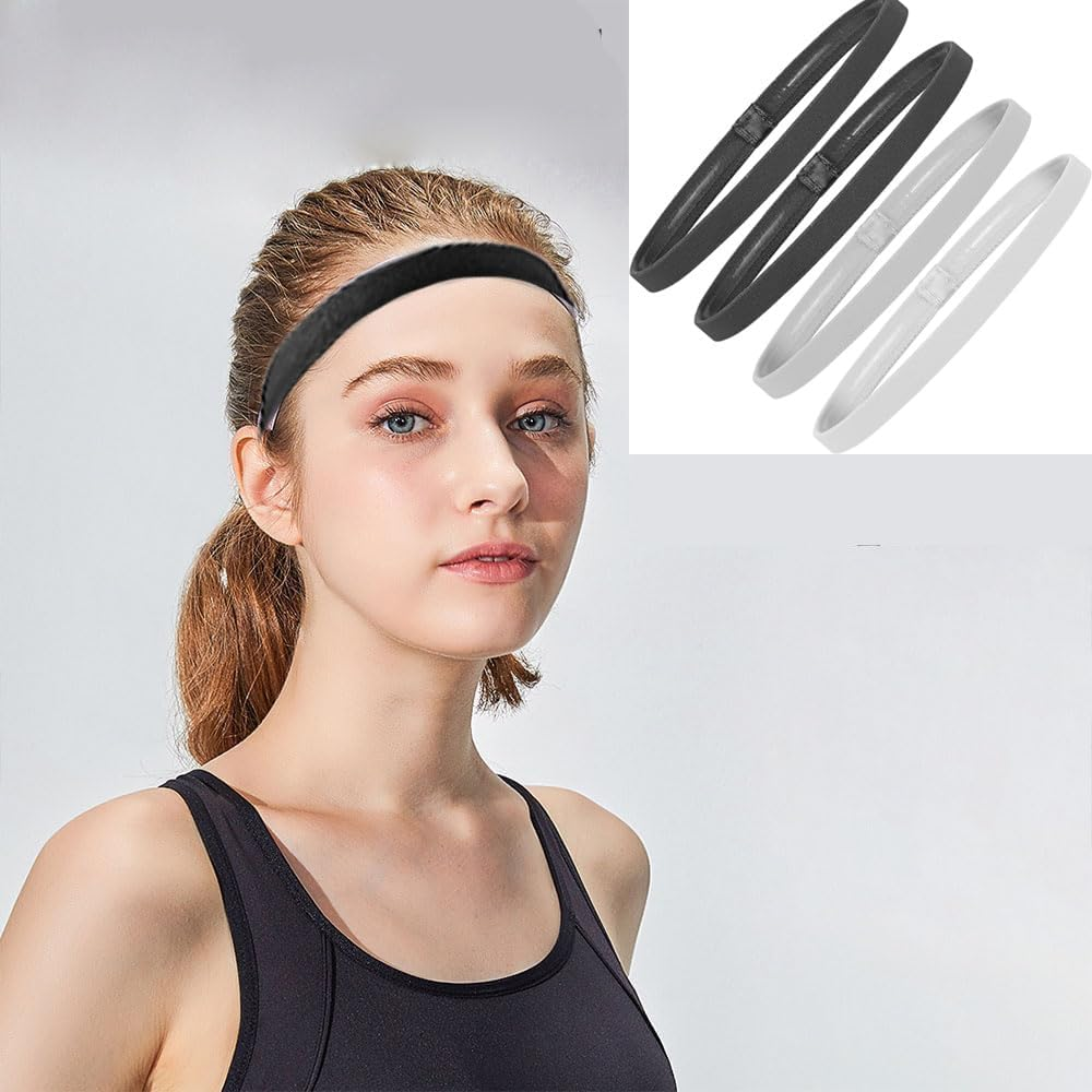 4 Pcs Elastic Thin Headbands for Women Thin Non-Slip Elastic Sport Headbands Skinny Headbands Workout Grip for Men Women Football Basketball Soccer Tennis Yoga image number 1