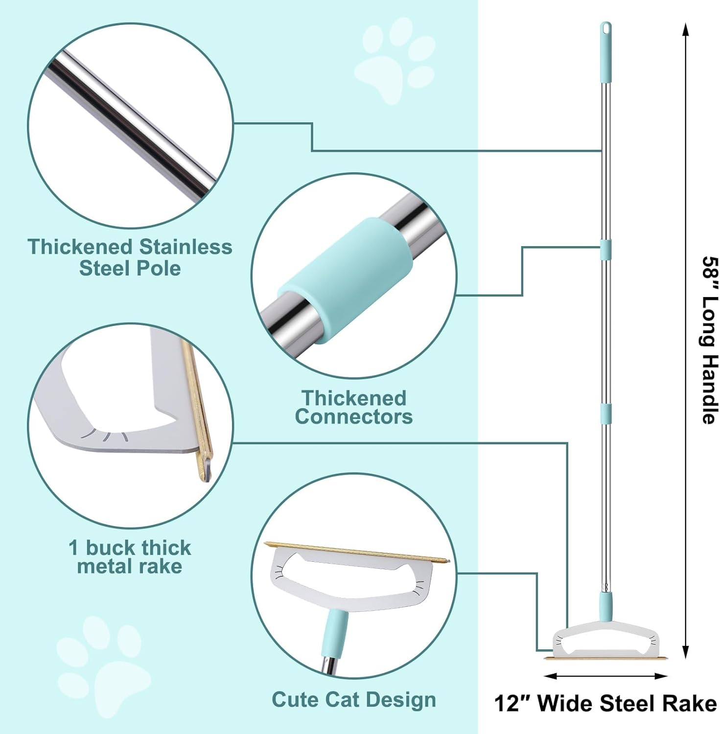 Large Metal Carpet Rake Pet Hair Removal Tool &ndash; 58&rdquo; Handle Thicker Poles 12&rdquo; Wide Dog Cat Hair Remover&ndash; 4 Length Adjustable Pro Pet Fur Removal Broom, Stairs Rug Carpet Brush