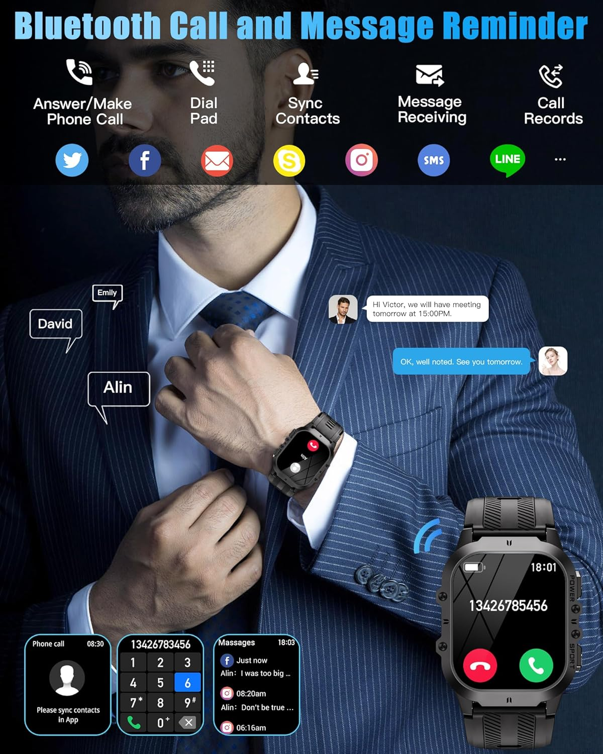 Rugged Smart Watch, 1.96-Inch AMOLED HD Display, Waterproof Fitness Step Count with Bluetooth Calling, 100+ Sport Modes, Blood Oxygen & Heart Rate Monitoring, Extended Battery Life for Android/Ios image number 2