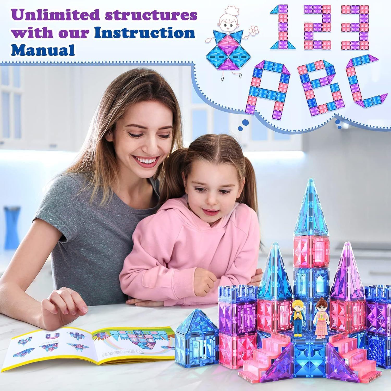 102Pcs Frozen Princess Castle Magnetic Tiles Building Blocks - 3D Diamond Blocks, STEM Educational Toddler Toys for Pretend Play, 4 Year Old Girl Birthday Gifts Kids Ages 3 5 6 7 8 image number 4