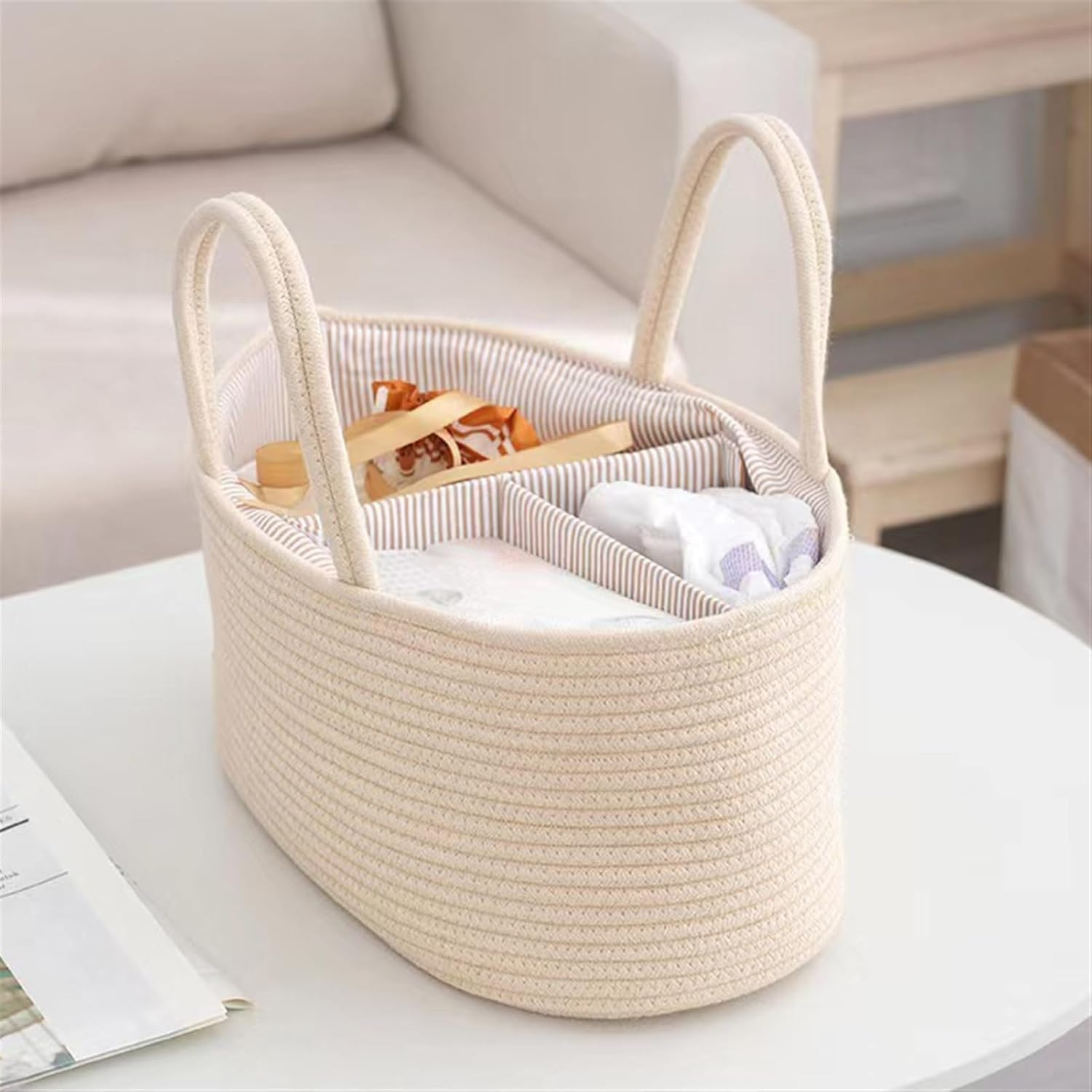 Baby Nappy Caddy Organizer, Nursery Storage Basket, Portable Car Organizer with Removable Inserts (Beige) - Cotton Rope Bohemian Design image number 2