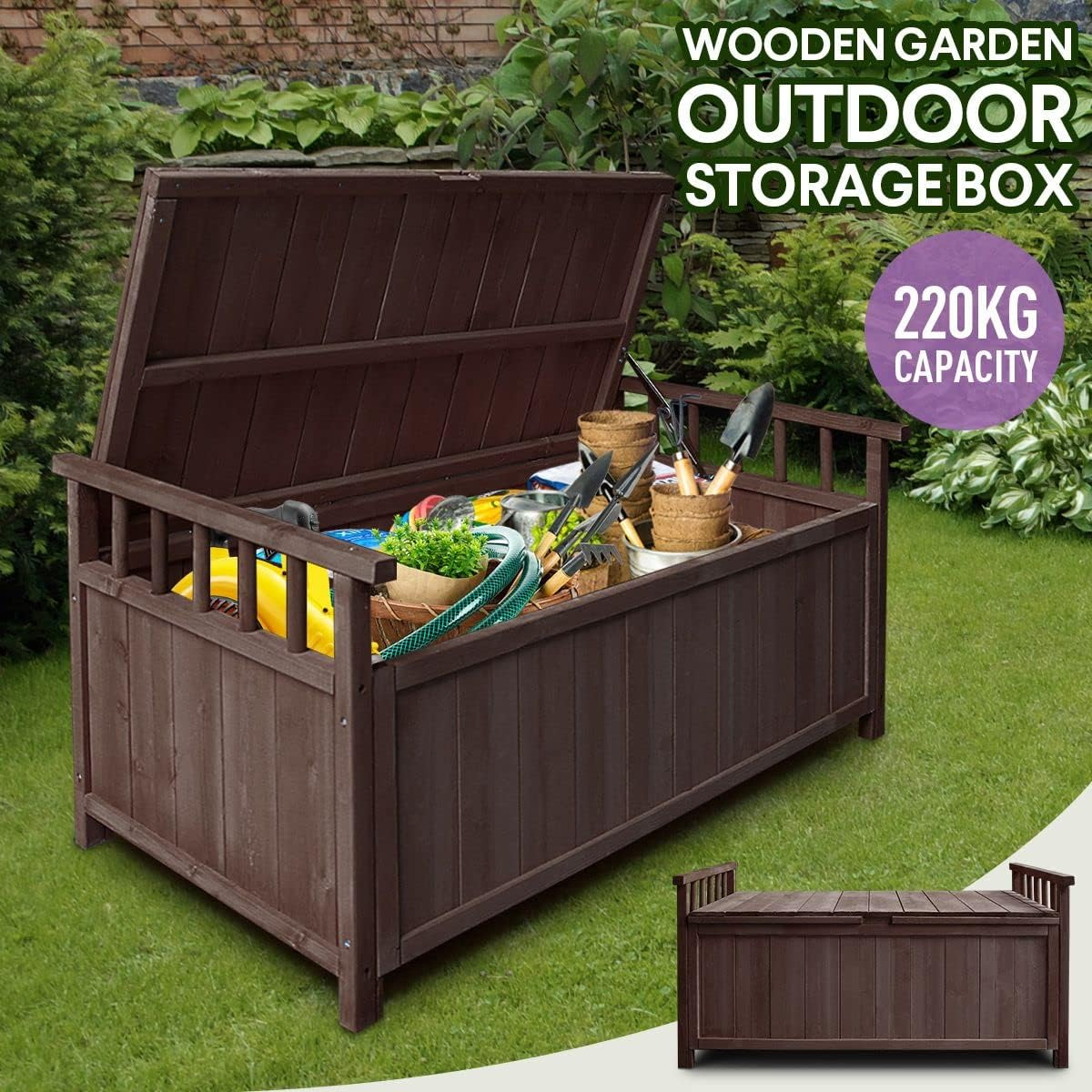 AUSWAY Outdoor Storage Box Wooden Garden Bench Toy Tool Cabinet Patio Bin Deck outside Container image number 4