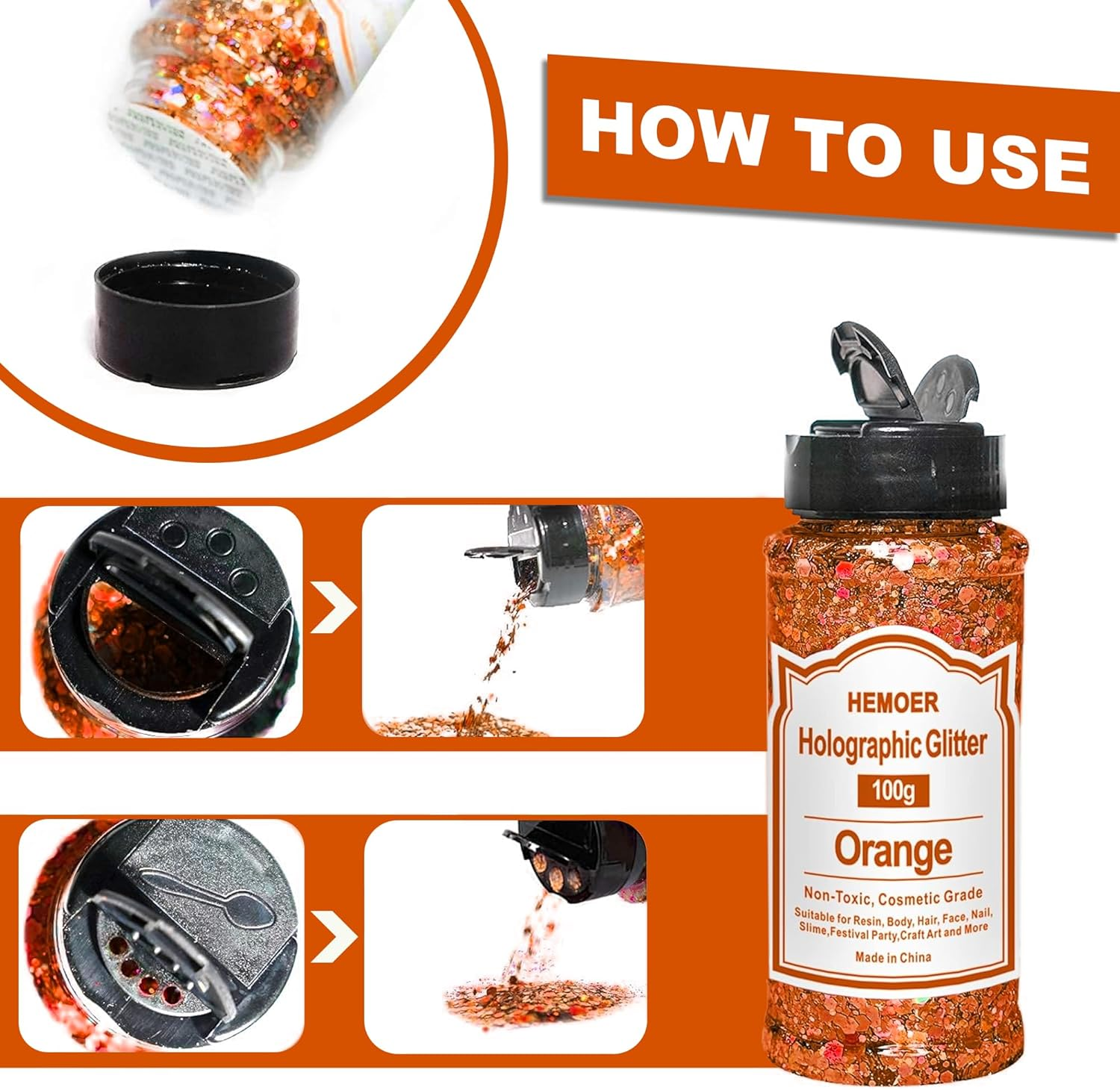 HEMOER Holographic Chunky Glitter, Orange 100 G Chunky Sequins Glitter, Craft Glitter for Resin, Face, Nail, Body, Crafts, Slime Festival Party Art, Glitter Powder for Nails Glitter - Black image number 3