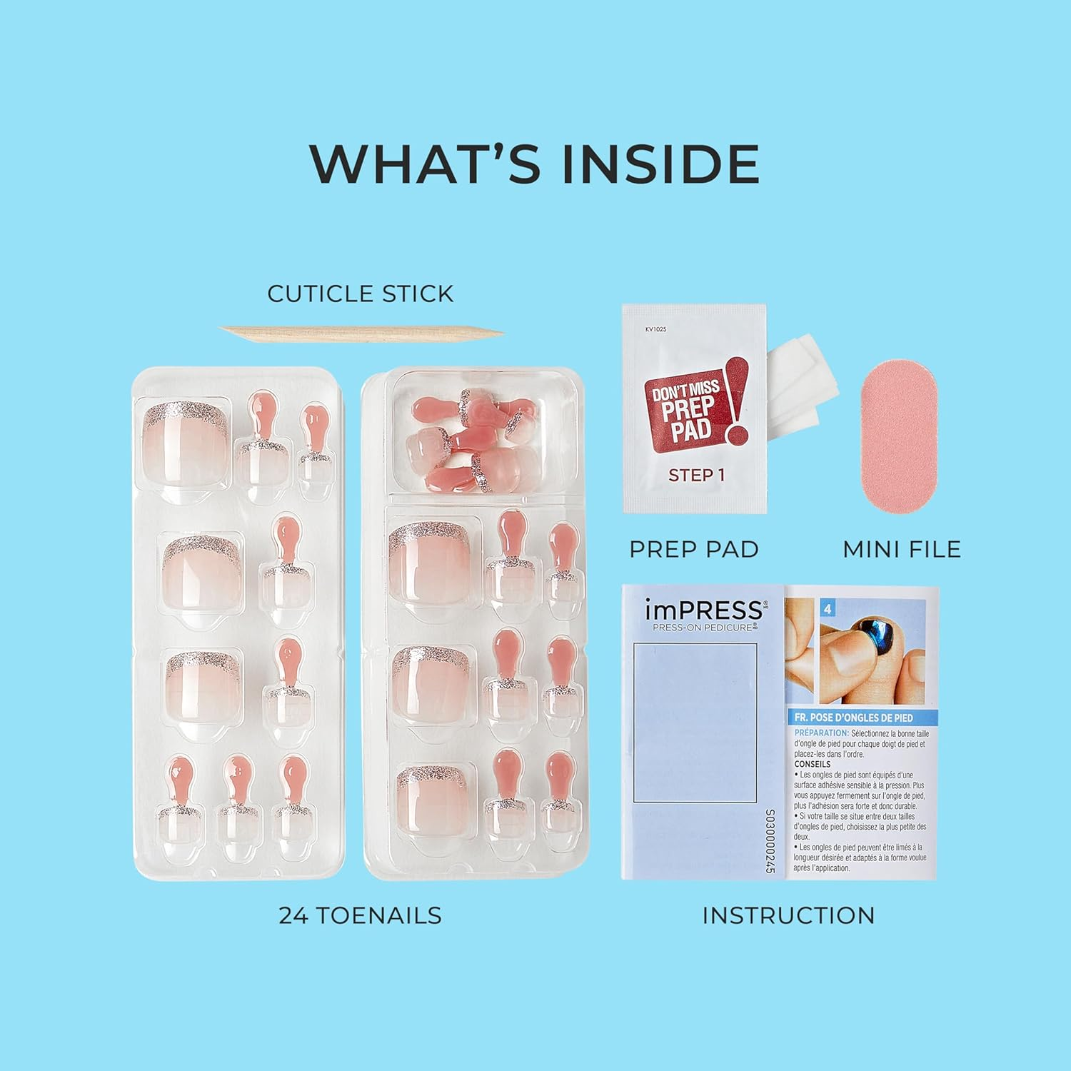 KISS Impress No Glue Pedi Press-On Nails, Design, Paradise Ticket', Light Beige, Short Size, Squoval Shape, Includes 24 Nails, Prep Pad, Instructions Sheet, 1 Manicure Stick, 1 Mini File image number 6