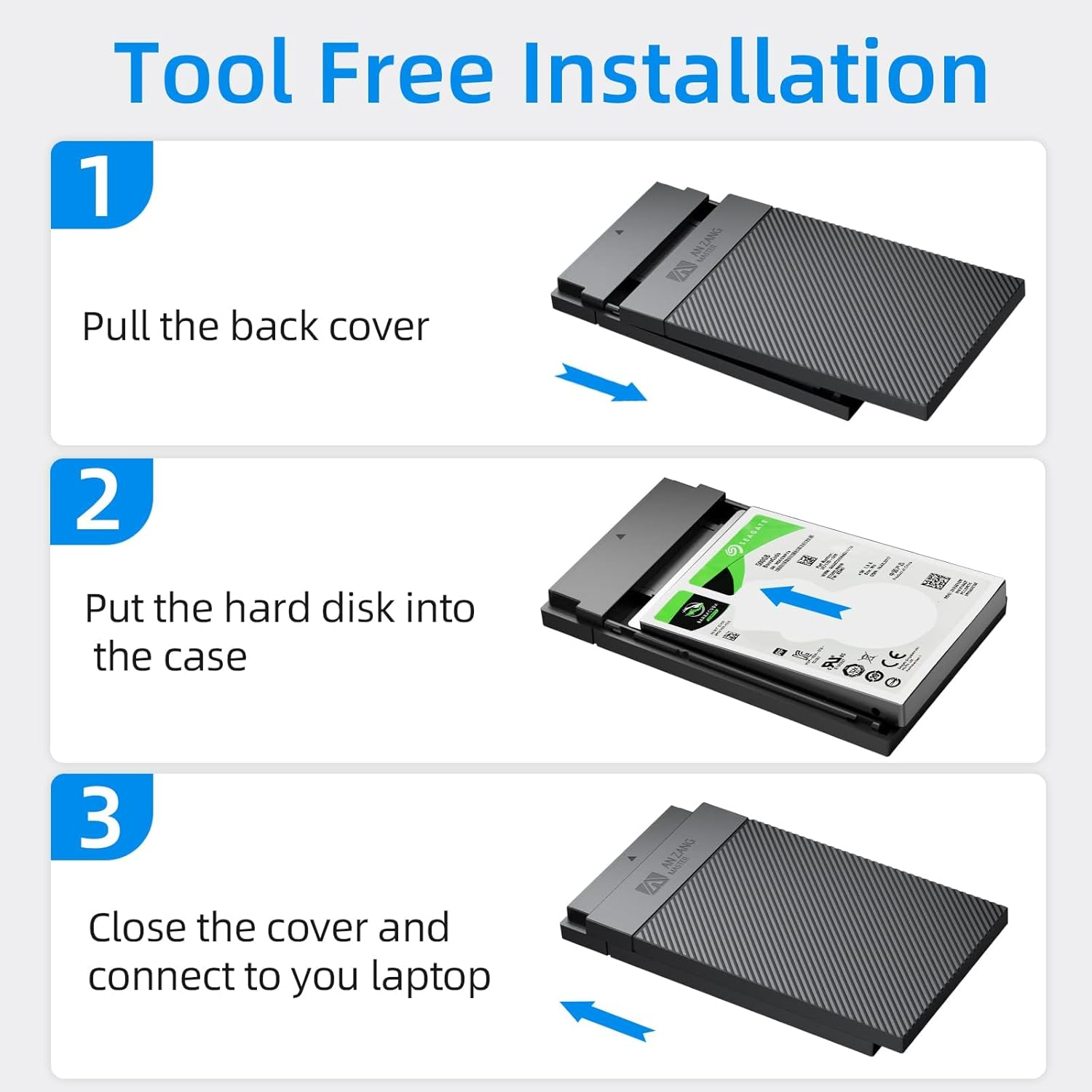 2.5 Inch Hard Drive Enclosure, SANZANG Tool-Free USB 3.0 Hard Drive Enclosure, Support UASP, for 2.5 Inch SATA SSD and Hard Drive with 9.5Mm 7Mm Height, USB C to a Cable image number 4