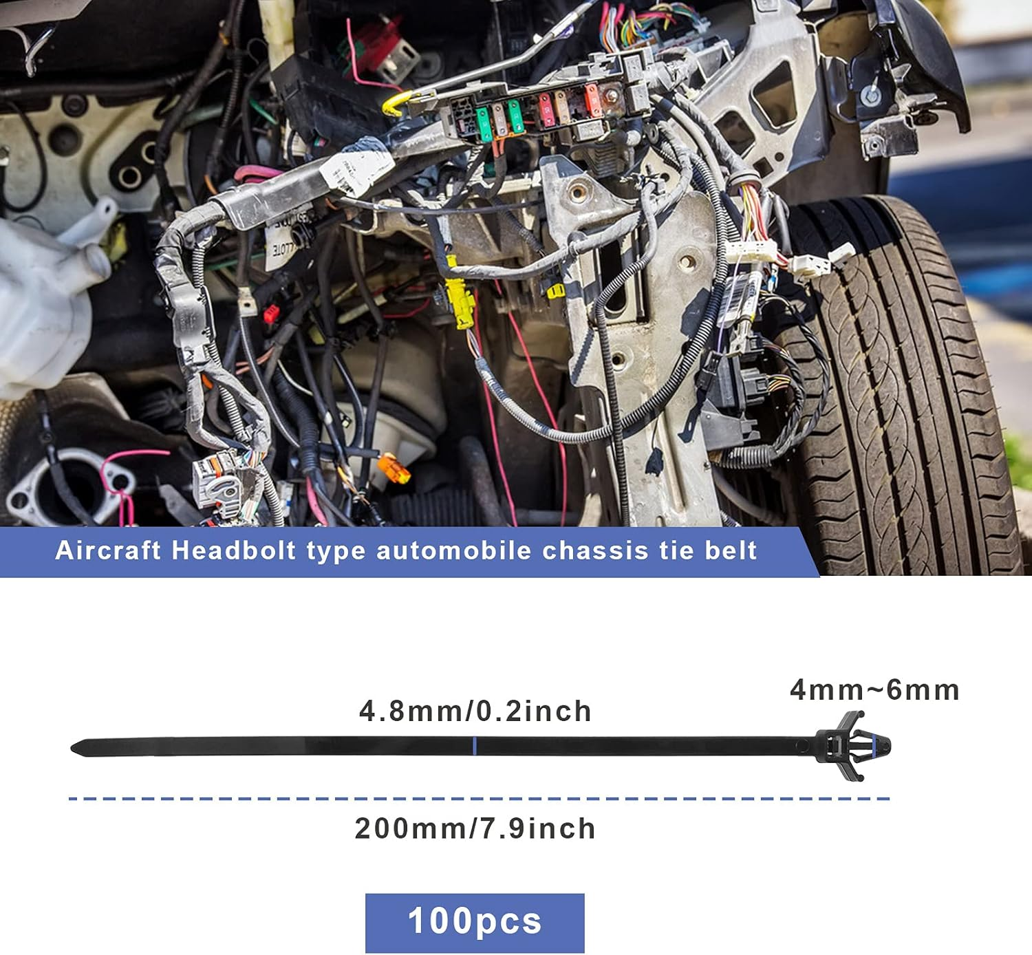 Emsea 100Pcs Push Mount Cable Ties Nylon Black 200X4.8Mm Fit Hole Diameter 4Mm-6Mm