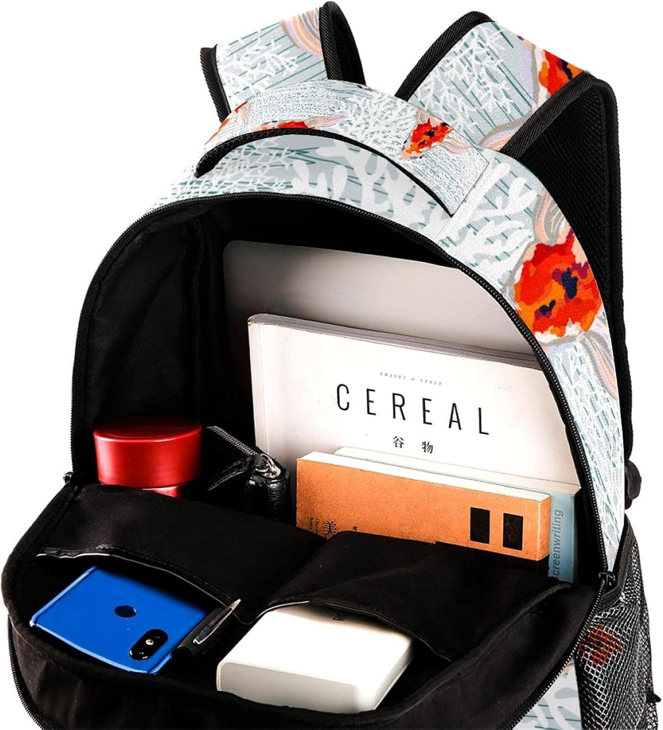 Spring Summer Background with Koi Fish, Corals Backpack Students Shoulder Bags Travel Bag College School Tote Backpacks image number 5
