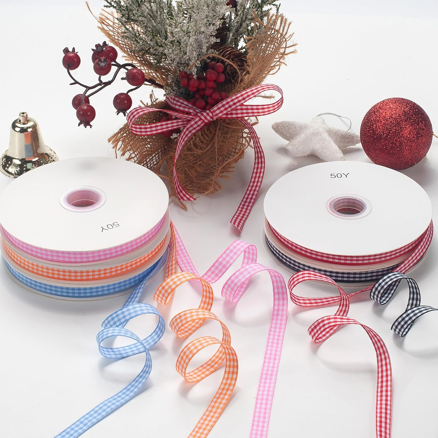 Gingham Ribbon, Black and White Plaid Checkered Ribbon 3/8 Inch X 50 Yards, Black Buffalo Checker Ribbons for Gift Wrapping, Hair Bows, Picnic, Crafts, DIY Accessories