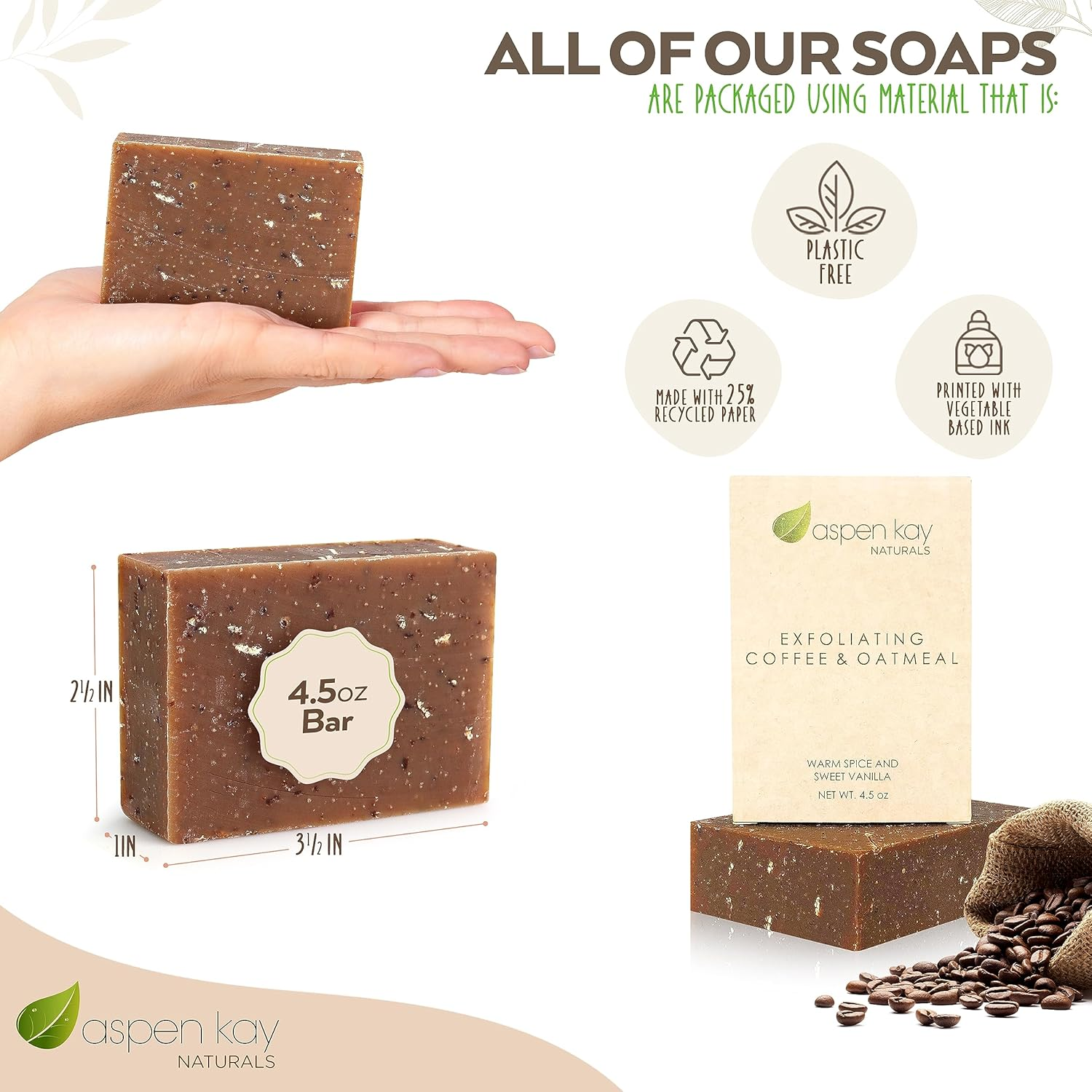 Aspen Kay Naturals Coffee & Oatmeal Exfoliating Soap, Natural and Organic Ingredients. a Wonderful Exfoliating Body Soap, for Men & Women. GMO Free. 4.5 Oz Bar image number 3
