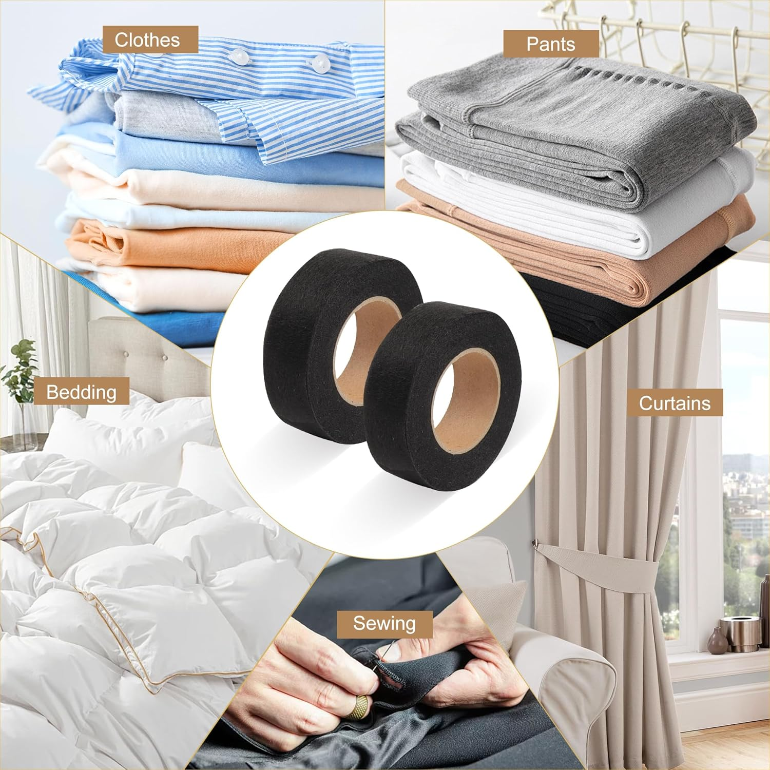 TECDW 2-Pack Hemming Tape Iron on with 2 Measuring Tapes,2 Cm Wide 24 M Long Fashion Tape,Hemming Tape Hem Tape for Clothing,Household Items Such as Jeans,Skirts,Shirts,Curtains (Black)