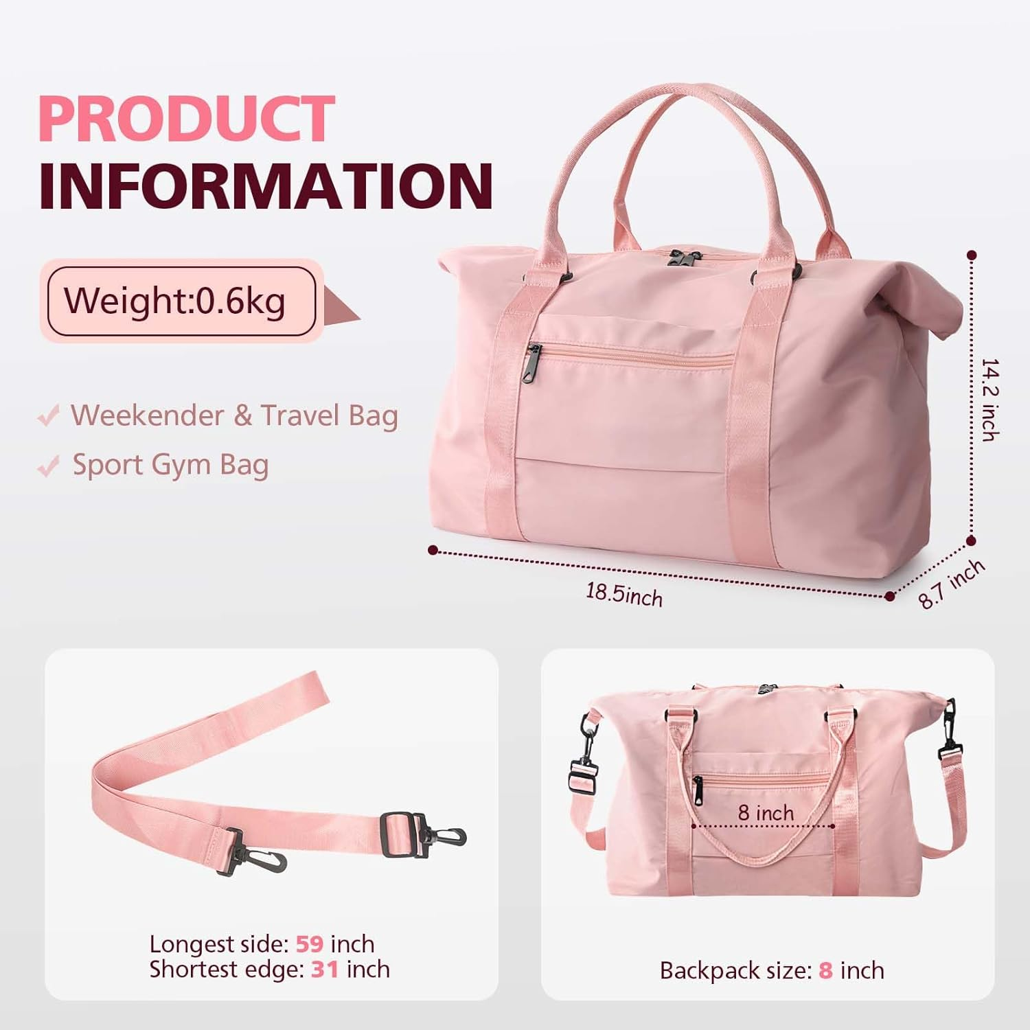 Travel Duffle Bag, Waterproof Weekender Bag Carry on Tote Bags for Women, Duffel Bag Sport Gym Bag for Men, Hospital Bag for Labor and Delivery, Overnight Bag Luggage Bag with Trolley Sleeve, 01 Coral image number 2
