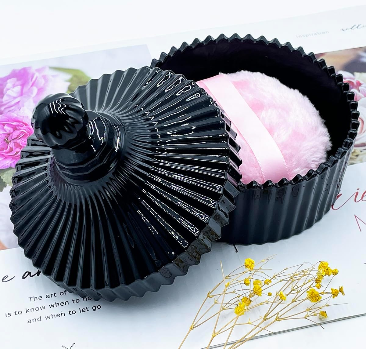 4.3 Inch Fluffy Body Powder Puff & 5.3 Inch Glass Jar Set,Large Dusting Powder Container with Puff,Multi-Purpose Storage Holder Dish,Gothic Decor for Bedroom,Bathroom,Home(Black) image number 4