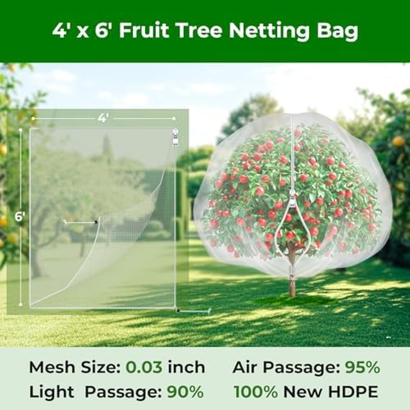 Fruit Tree Netting with Zipper & Drawstring - 4'X6' Garden Plant Net Pest Barrier 0.16 Oz/Ft&sup2; to Prevent Cicadas Bird Squirrel Deer - Bug Protection for Blueberry Tomato with Fine Mesh Insect Cover