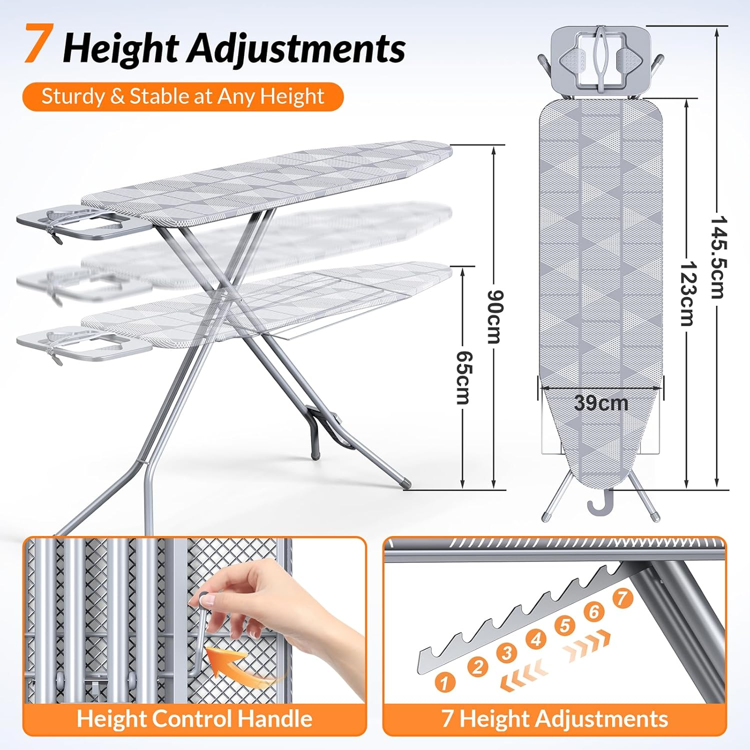 Hormes Ironing Board, 145X38Cm Iron Board with Steam Iron Rest, 7 Adjustable Height Foldable Ironing Boards with Removable and Washable Cover, Wall Mount Hanger for Space-Saving Storage Home Use, Grey image number 3