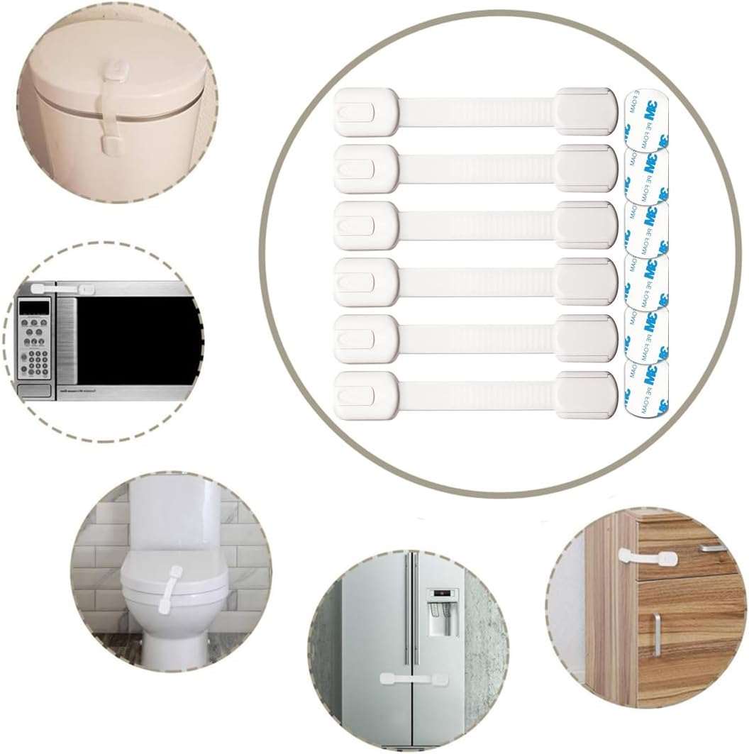 6 Pcs Adjustable Safety Cabinet Locks (White) Extra 3M Adhesive No Screws for Drawers, Cupboard, Closet, Doors - No Drilling image number 4