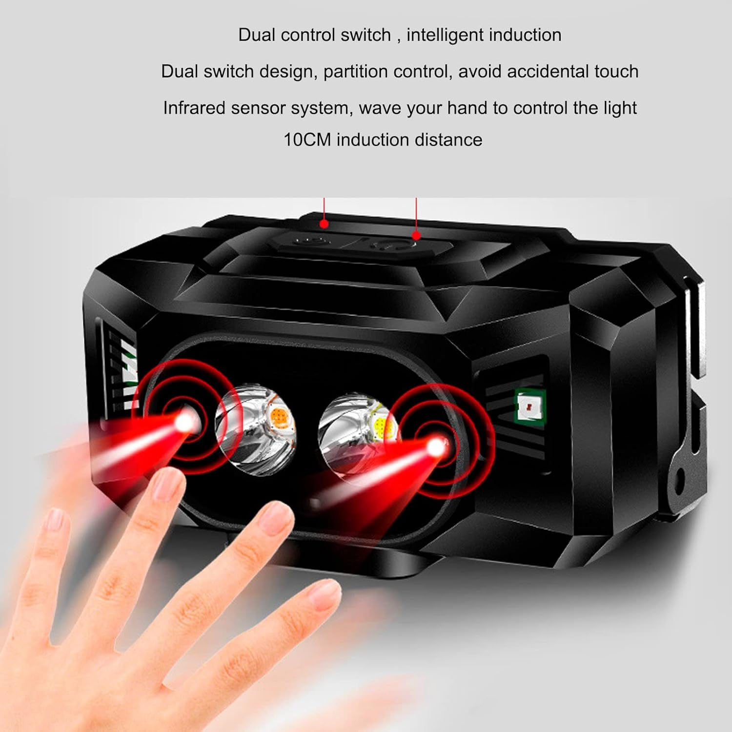 LED Sensor Headlamp Three Color Light Source Rechargeable Outdoor Strong Light Headlamp Running Camping ABS Headlamp White Warm Red Light image number 5