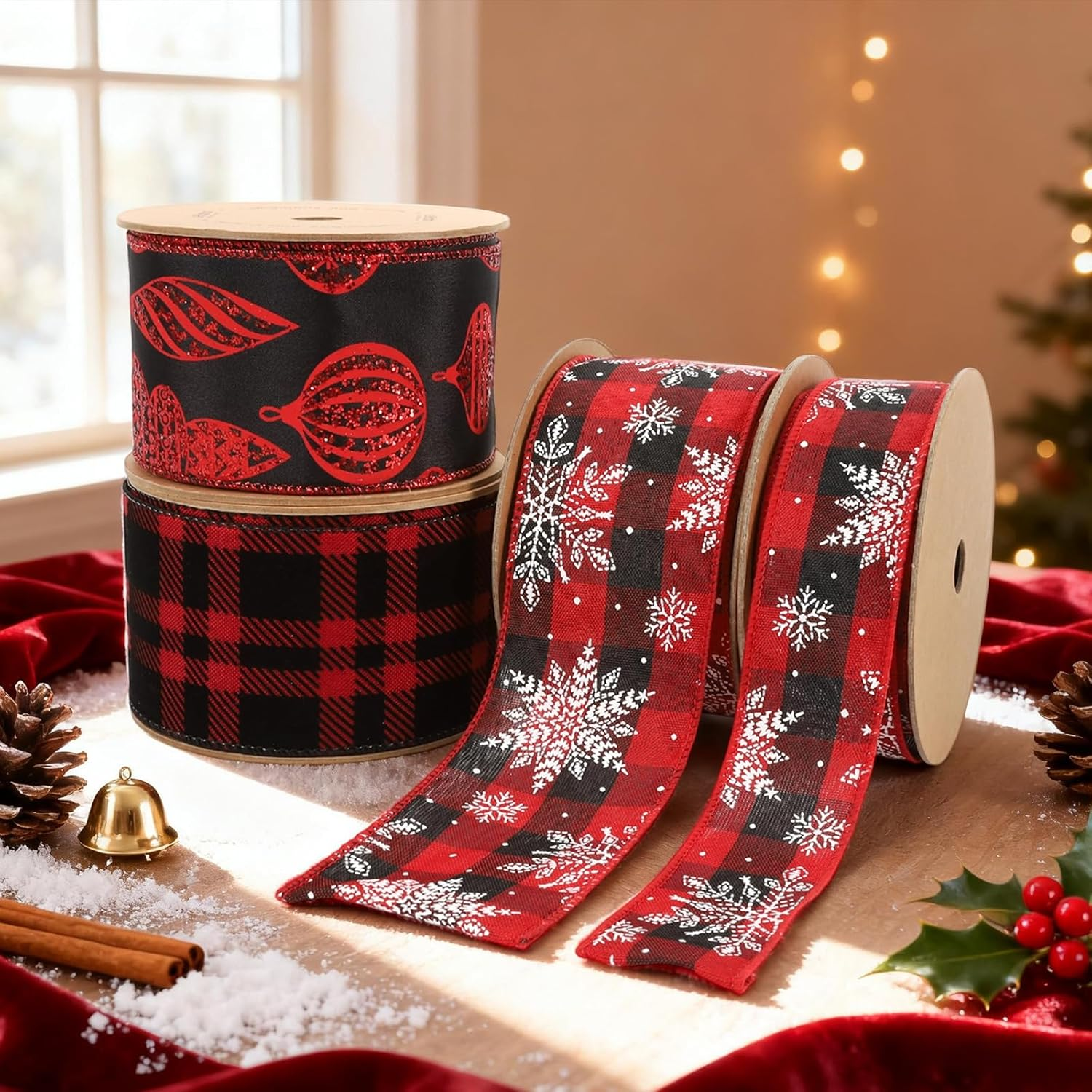 Black and Red Glitter Ornament Wired Ribbon, 10 Yards 2.5 Inch Wide Christmas Ribbon for Tree, Gift Wrapping, Wreaths, Bows, Holiday Decoration image number 2