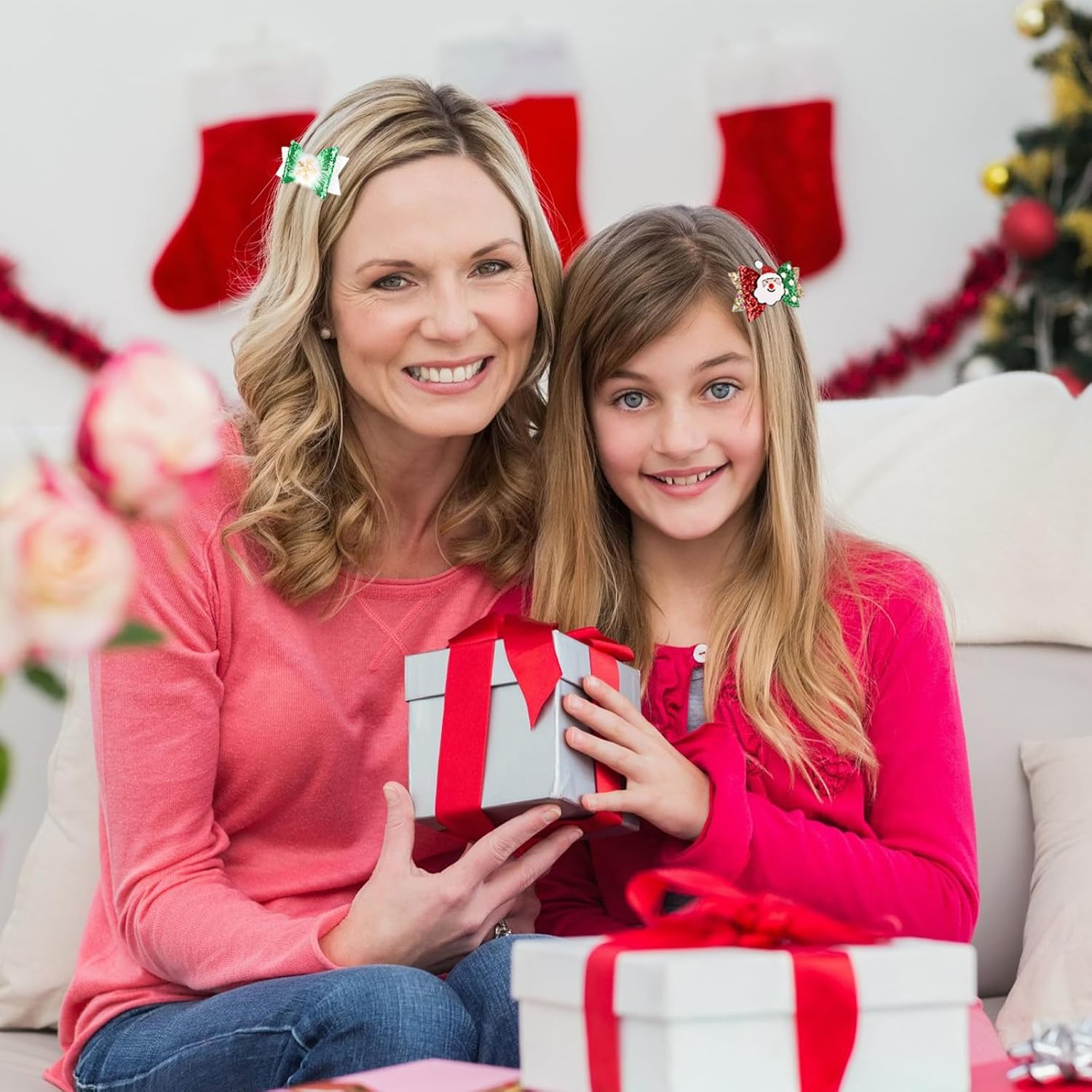 4 PCS Christmas Hair Clips for Kids,Glitter Sequins Hair Bow Barrette Christmas Santa Claus Snowflake Bear Cherry Hair Pins Alligator Clips for Kindergarten Girls Hair Accessories image number 2