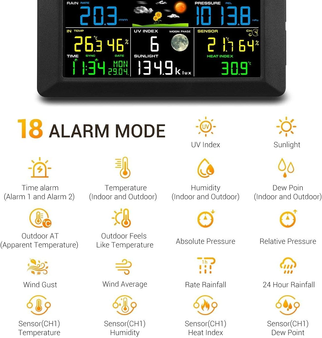 Maxkon Wifi Wireless Weather Station Forecast Color Display Indoor Home 7-In-1 Outdoor Sensor Solar Powered for UV Light Moon Phase Sunlight PC Software Weather APP image number 1