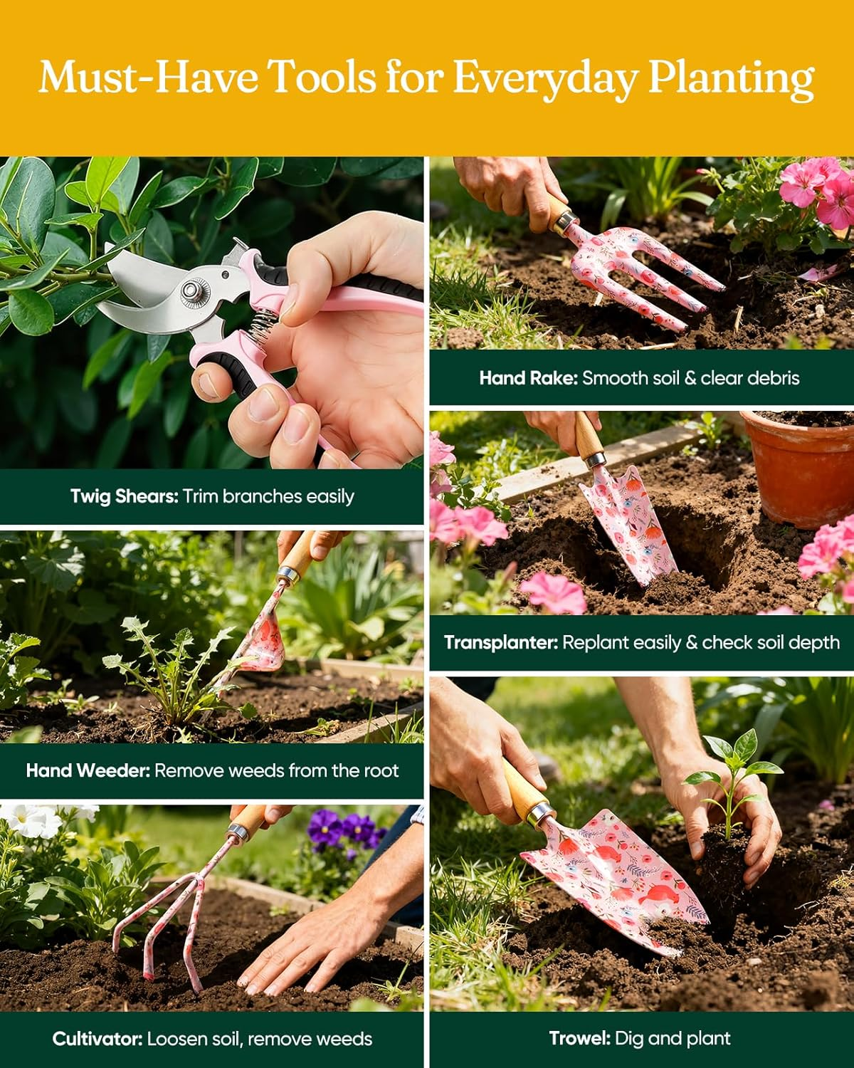 Grenebo 12-Piece Womens Gardening Tools Gift Set, Rust-Proof & Heavy-Duty Garden Tools with Durable Carrying Case, Fashionable & Thoughtful Gardening Gifts for Women&Men (Pink) image number 4