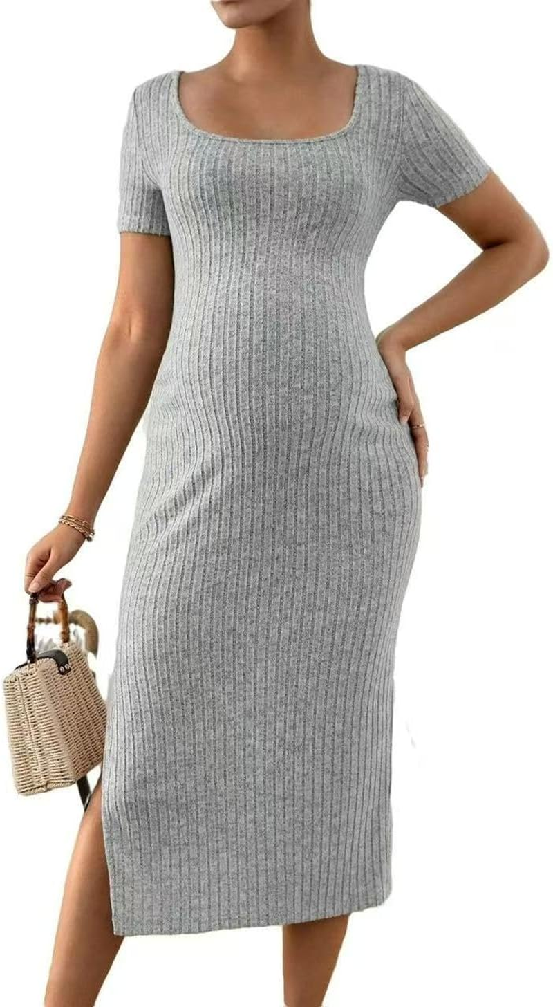 COSYOU Women'S Ribbed Knit Maternity Casual Long Dress 2025 Autumn New Side Split Pregnancy Clothes Outfits