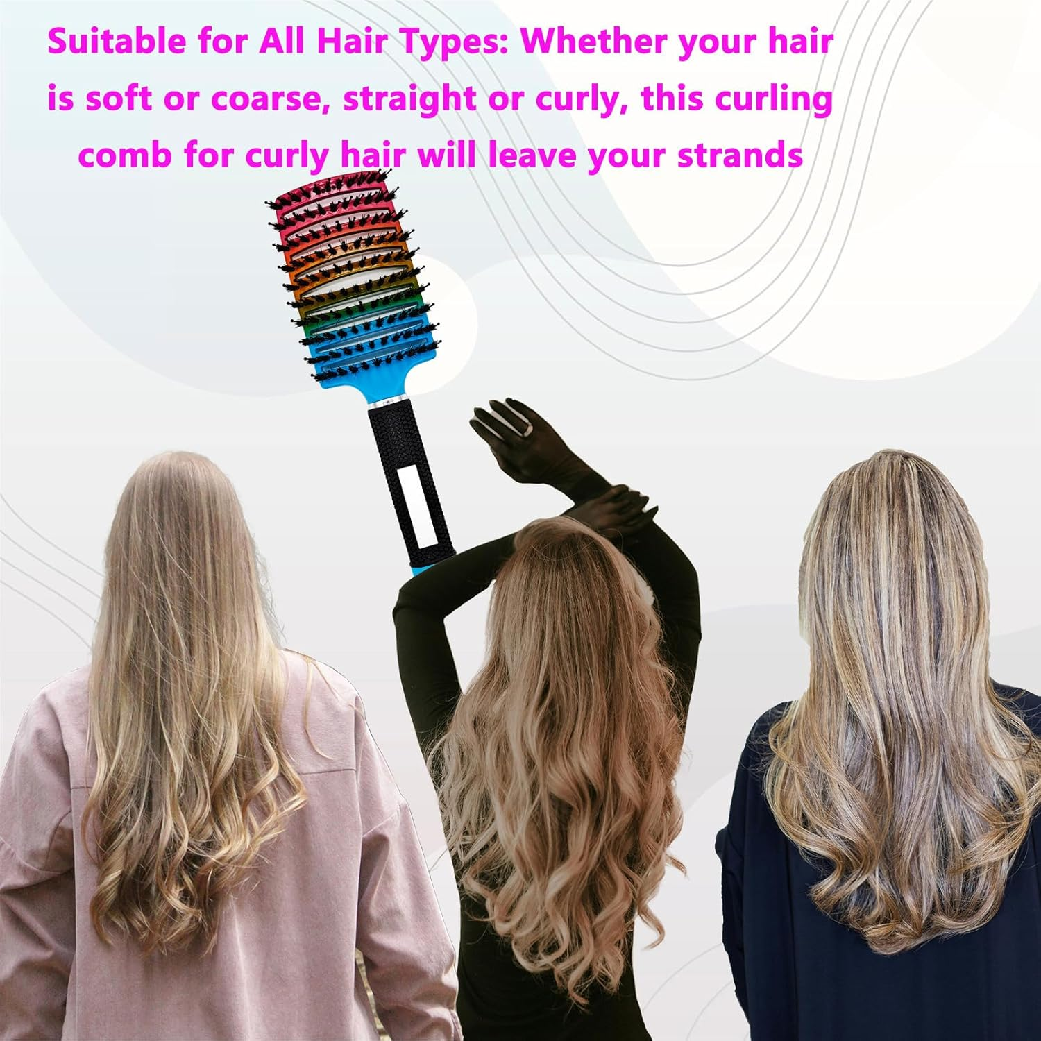 2Pcs Boar Bristle Hair Brush, Wet & Dry Hair Brushes, Curved and Vented for Wet and Dry Detangling Hair Brush, Detangling Long Curly Thick Hair for Women, Men & Kids (B)
