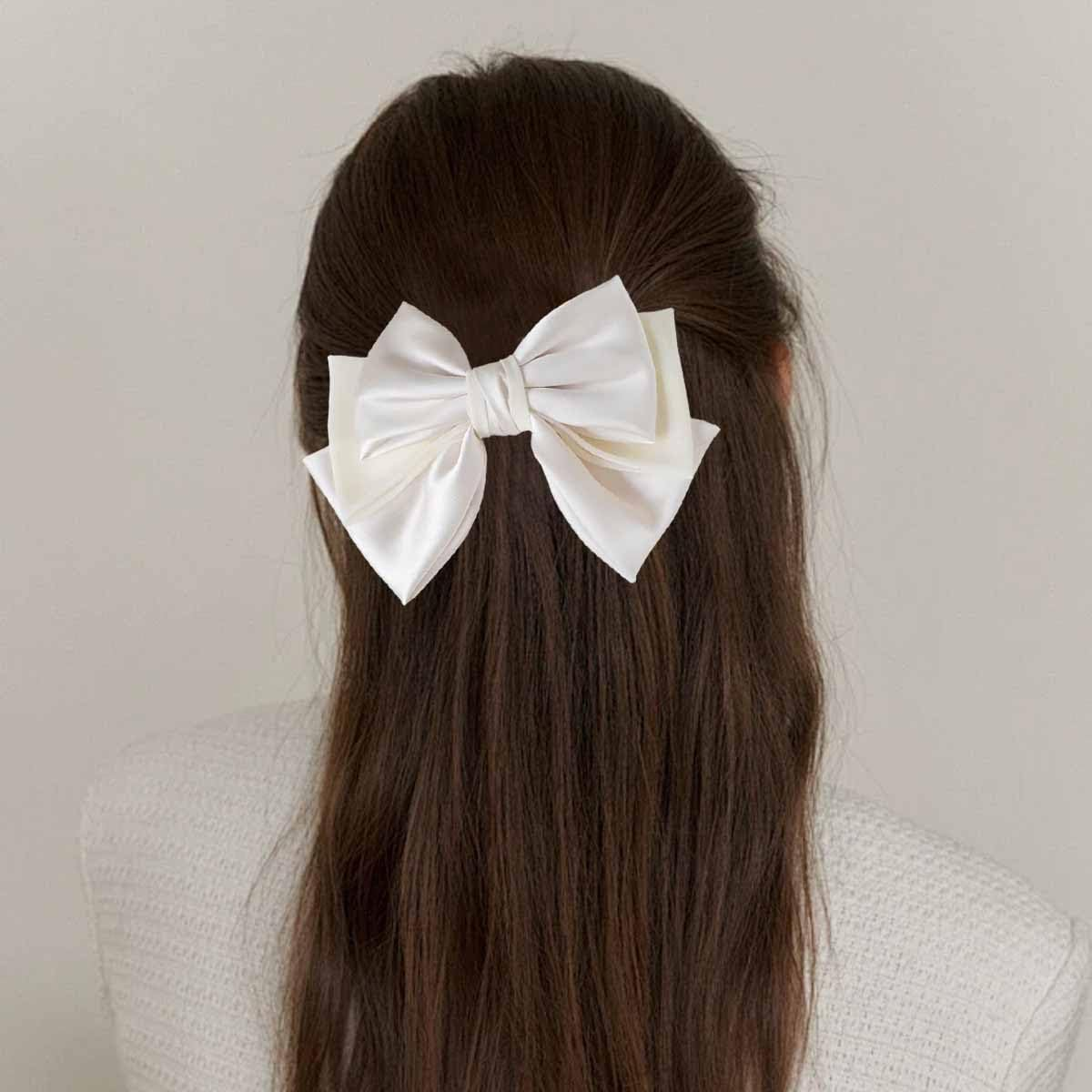 4 PCS Hair Bows for Women Girls Oversized Bow Hair Clips Black White Long Tail Hair Ribbon Metal Spring Clips Vintage Silky Satin Barrettes Ponytail Headdress French Large Bowknot Hair Accessories image number 5