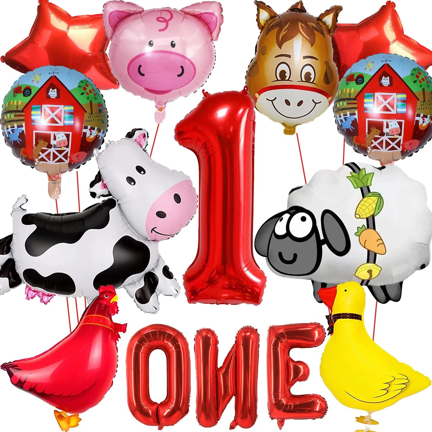 14 PCS Farm Animal Balloons Cow Sheep Duck Rooster Pig Donkey Balloons Barnyard Balloon Supplies with Large Number 1 Foil Balloon for Farm Animal Theme 1St Birthday Party Decor Supplies image number 6