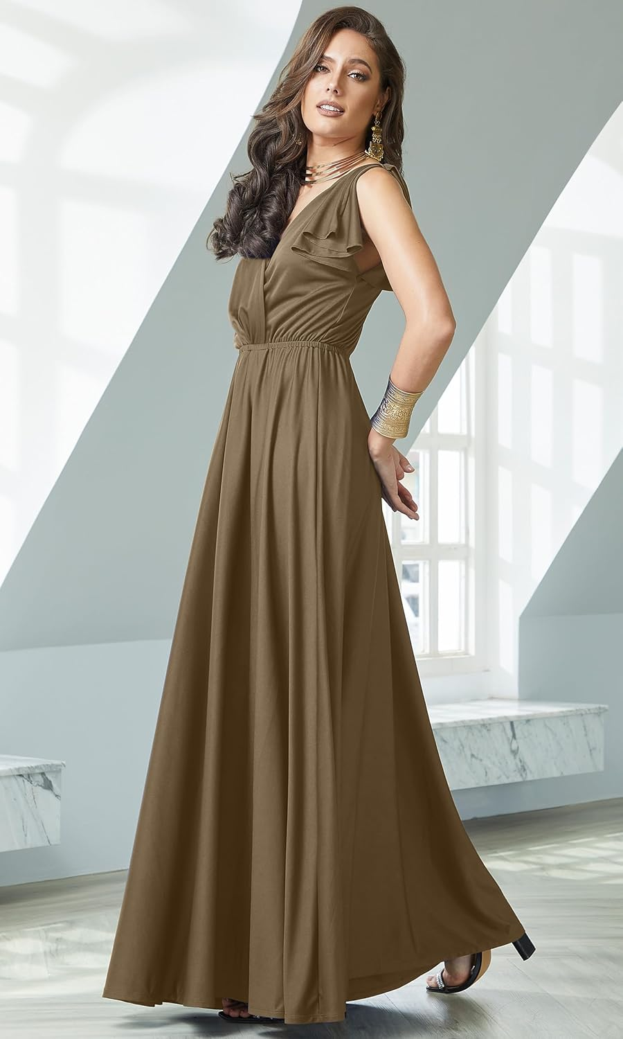 Koh Koh Womens Long V-Neck Ruffle Sleeveless Bridesmaid Prom Gown Maxi Dress image number 1