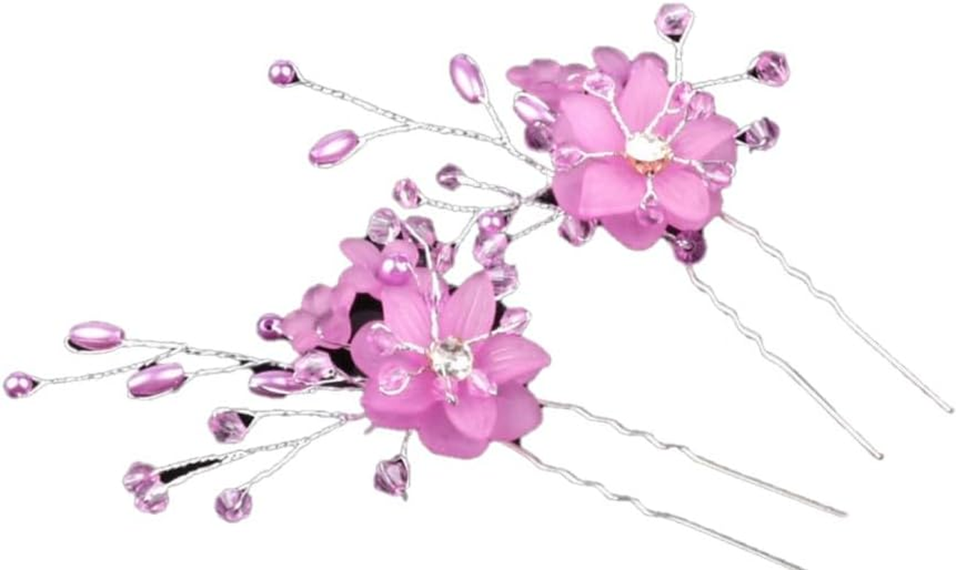 2X Bridal Wedding Flower Clips Hair Pins Bridesmaid Crystal Hair Pearls Accessories Purple - Blue X2 image number 4