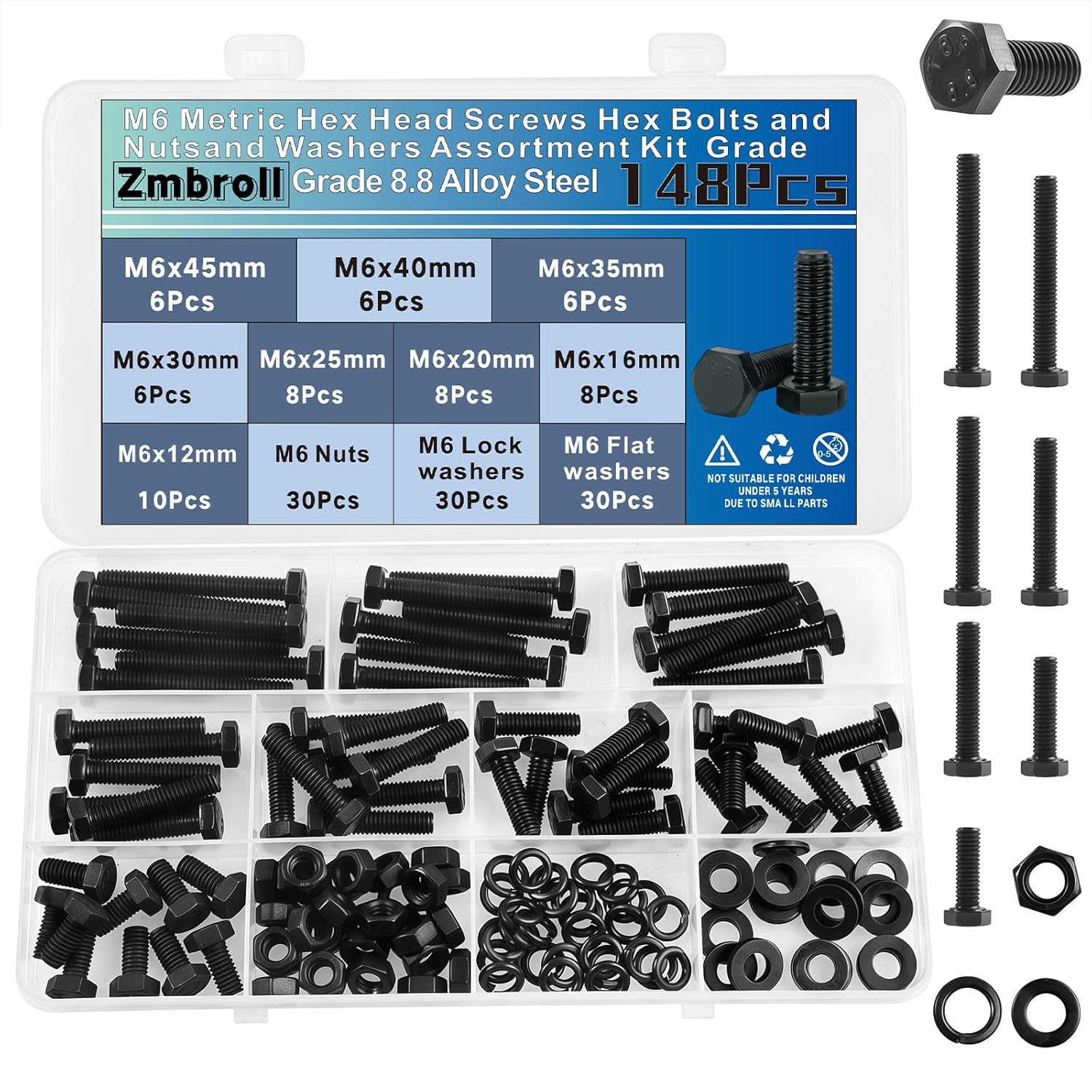 Zmbroll M6 Hex Bolts and Nuts Kit 148Pcs External Hex Head Cap Metric Machine Screws M5X12/16/20/25/30/35/40/45Mm 8.8 Grade Alloy Steel Black Screws Heavy Duty Hex Fasteners for Machinery image number 4