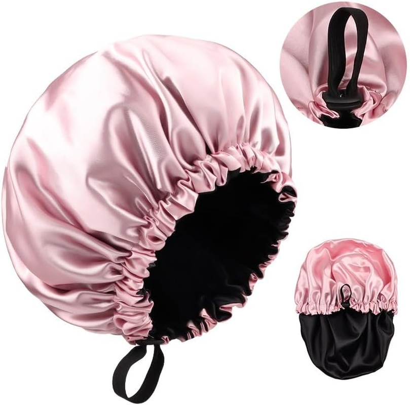 Satin Bonnet for Sleeping-Pink Double Layer Hair Bonnet for Women & Men, Adjustable Strap, Curly Long Hair Protection, Satin Hair Wrap for Night Sleeping Cap - Pink image number 3