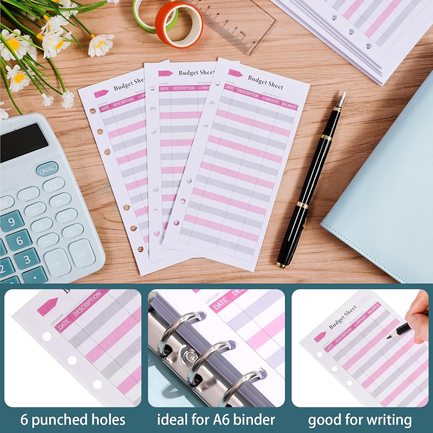 Ndsox 60PCS A6 Budget Sheets for Budget Planner Binder, 6-Holes Expense Budget Tracker Sheets, Spending Tracker Sheets, A6 Budget Binder Inserts Cash Ledger Book Wallet Bill Organizer, Pink image number 4