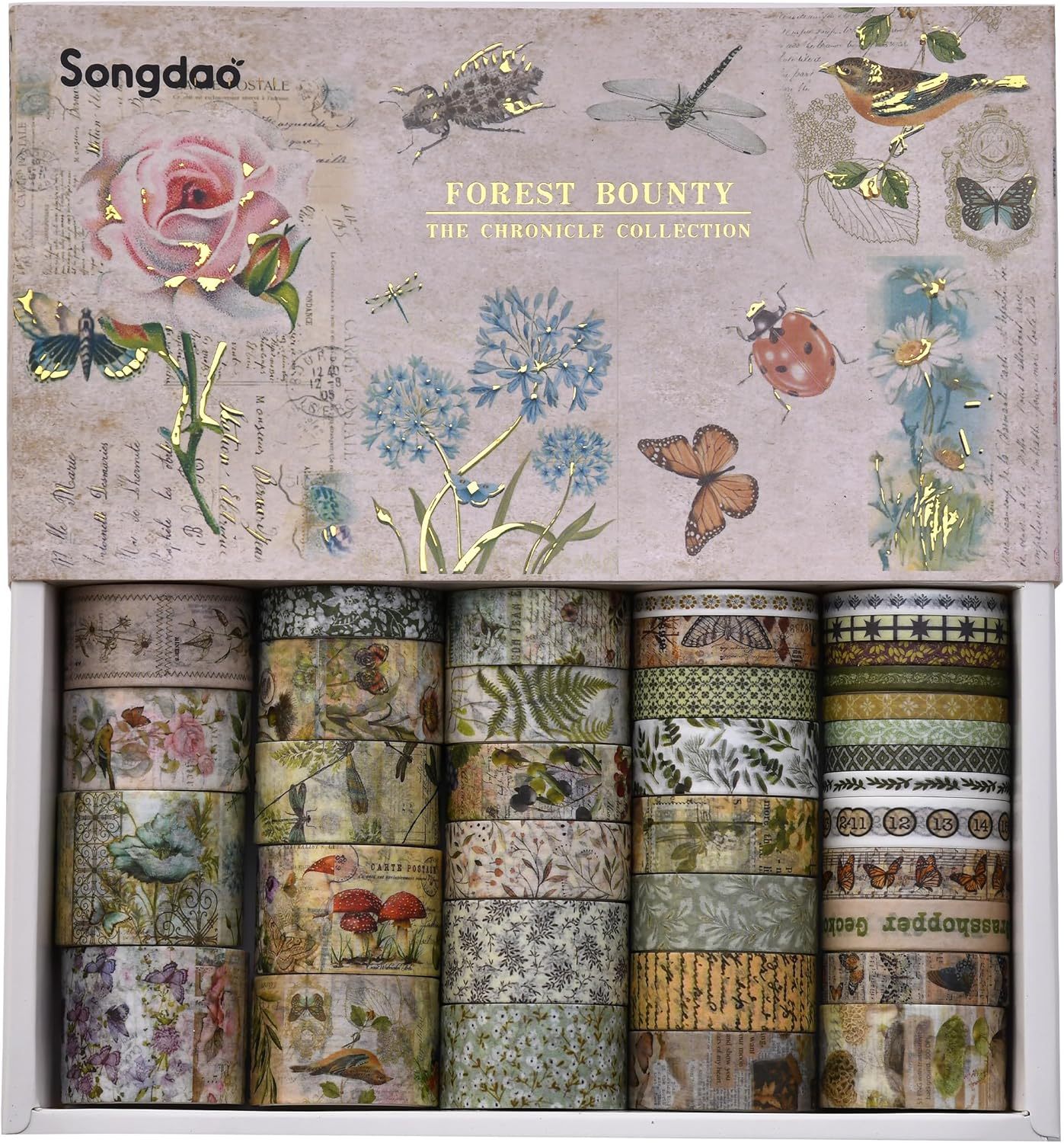 Songdao 36 Rolls Vintage Washi Tape Pack Retro Arts Adhesive Tapes Wide Chronicle Decorative Masking Tape Sets for Craft, Kids, Scrapbook, DIY, Gift Wrapping (Forest Praise) image number 6