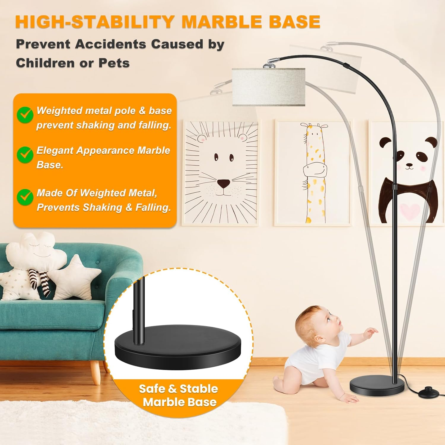 NUFECARG Arc Floor Lamp, 9W 1000LM Modern Floor Lamp with Contactless Control, Hanging Drum Shade Standing Lamp with Marble Base, Adjustable Stepless Colors & Brightness, Black image number 5