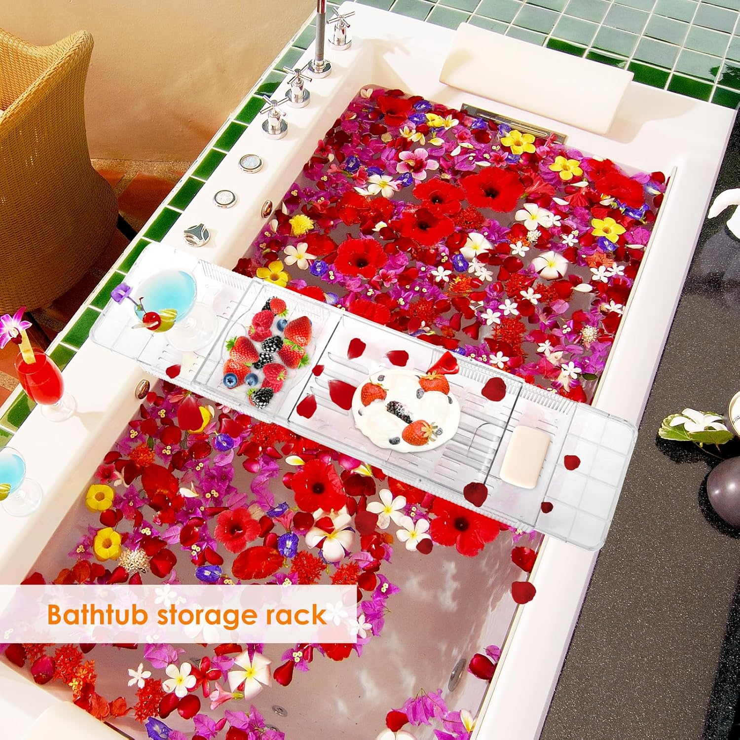 Expandable Bathtub Caddy Tray 56.5Cm to 80.5Cm Adjustable Length Clear Bathtub Tray Plastic Drain Bath Shelf Caddy Adjustable Plastic Bathtub Caddy Bathroom Tray Bathtub Accessories image number 2