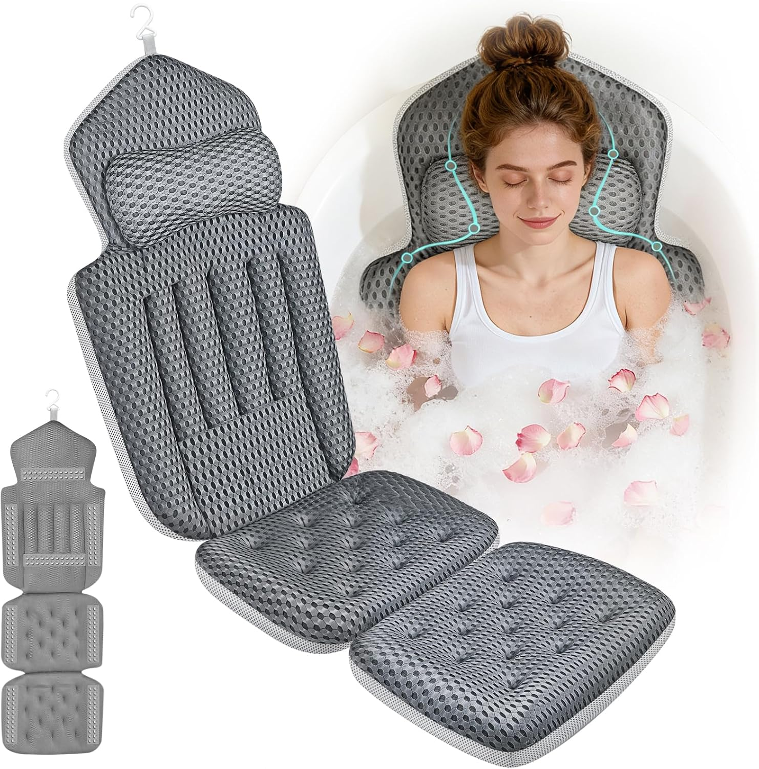 Upgraded Full Body Bath Pillow for Bathtub,Luxury Thick Bath Cushion for Soaking Tub with 192 Suction Cups,Full Body Bathtub Pillows for Head and Neck Shoulder Support,4D Air Mesh, 53" X 16" Dark Gray image number 4