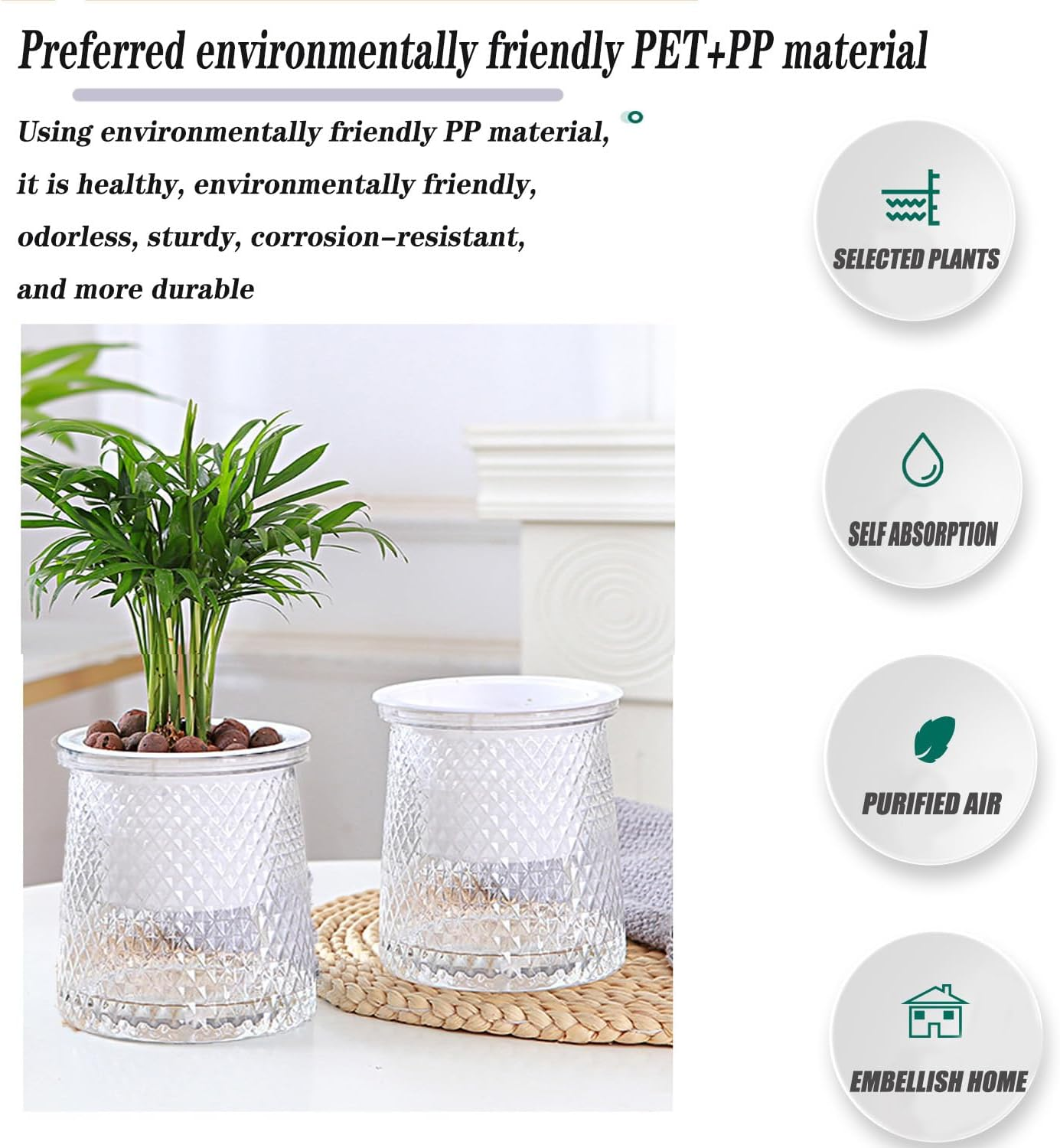 4 PCS Self-Watering Hydroponic Planters with Wick Rope, Self Watering Plant Pot with Reservoir, Indoor Clear Plastic Flowers Pots, Automatic Watering Nursery System for Small Plants, African Violet image number 4
